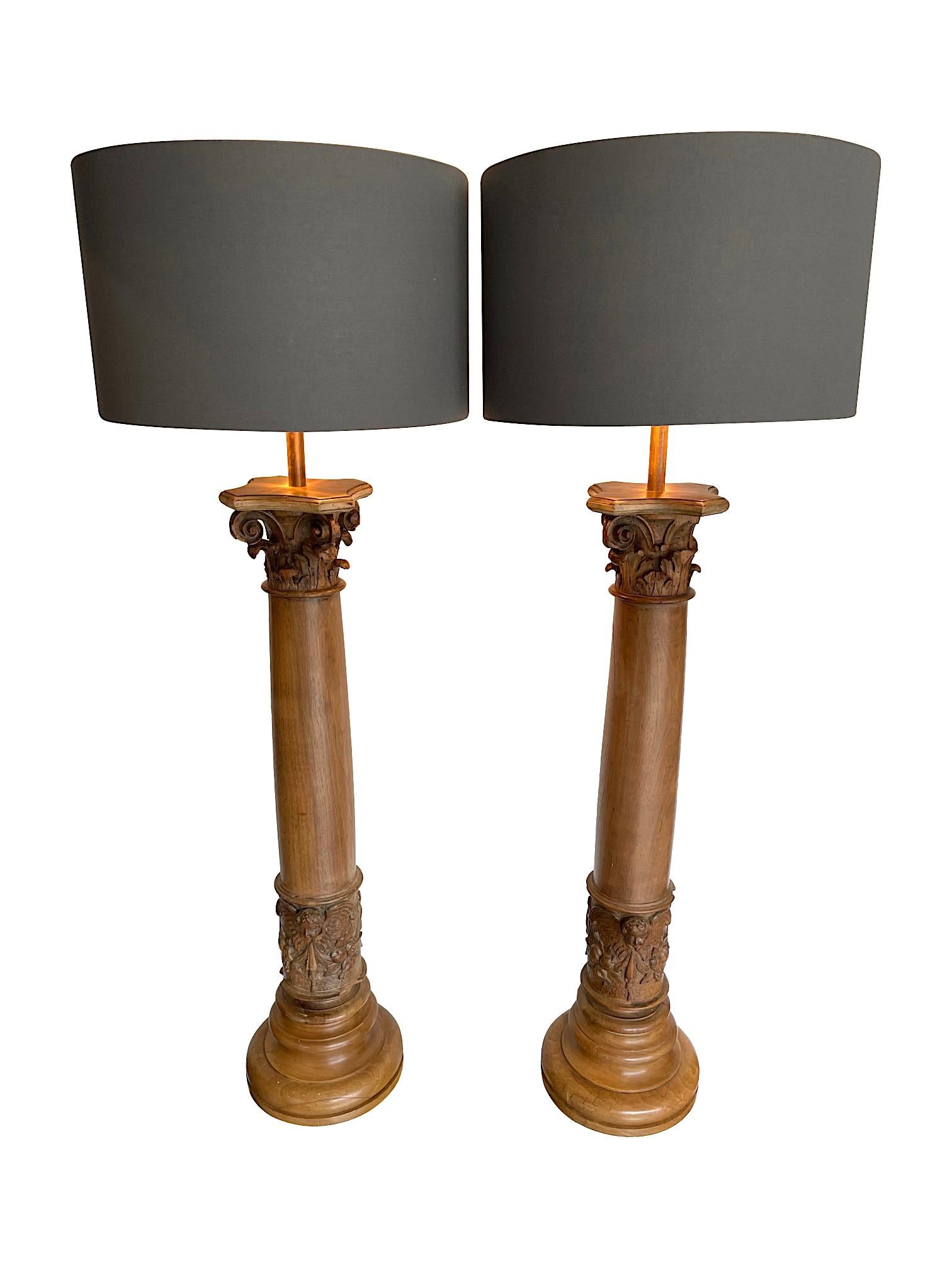 English Large Pair of 19th Century Oak Corinthian Column Lamps with Carved Cherubs