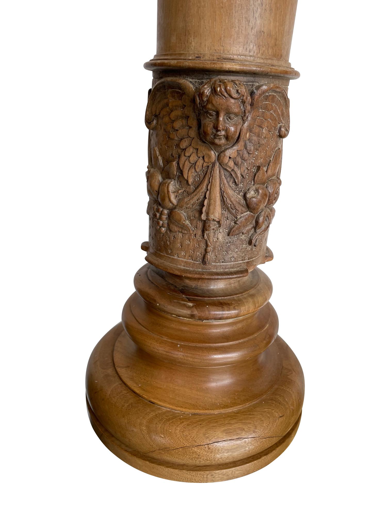 Hand-Carved Large Pair of 19th Century Oak Corinthian Column Lamps with Carved Cherubs