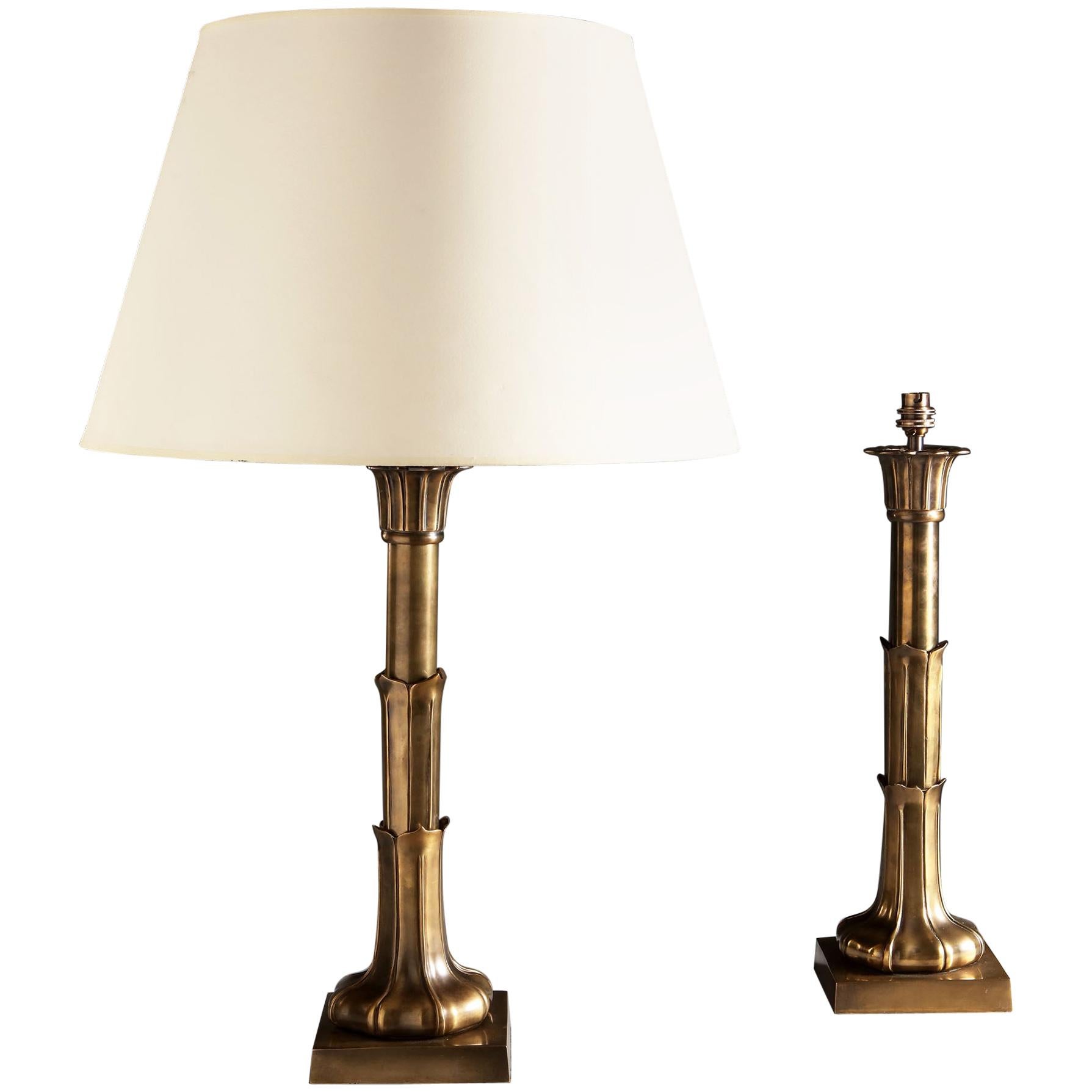 A Large Pair of 19th Century William IV Style Brass Column Table Lamps  For Sale