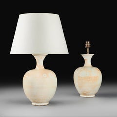 A Large Pair of 20th Century Mottled Cream Korean Bottle Vases as Lamps