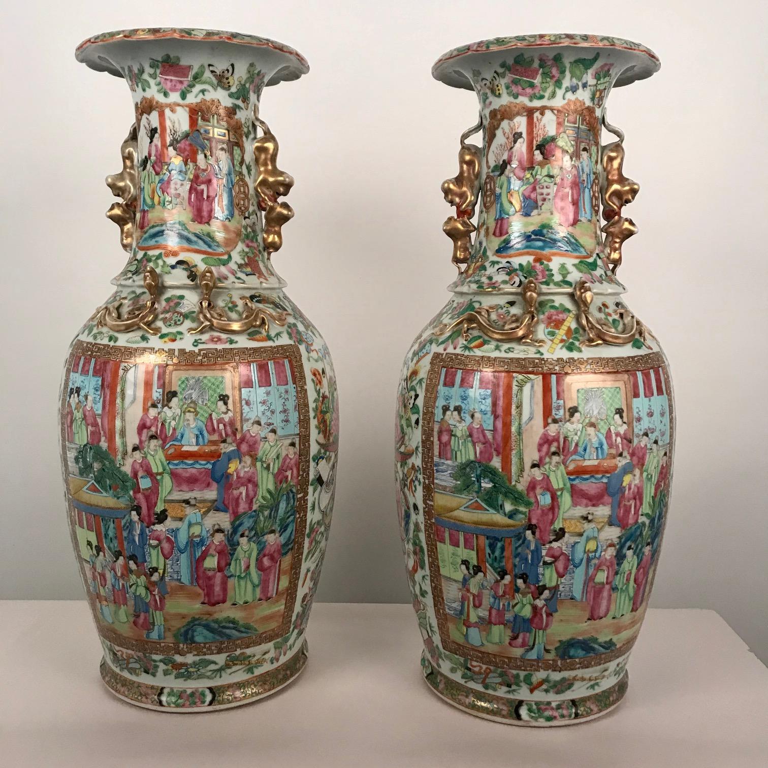 This pair are a very good example of the Rose Medallion or Famille Rose type, from scalloped rim to tapering base they are profusely decorated with flowers, fruit, butterflies and various auspicious emblems, the large reserves are filled with lively