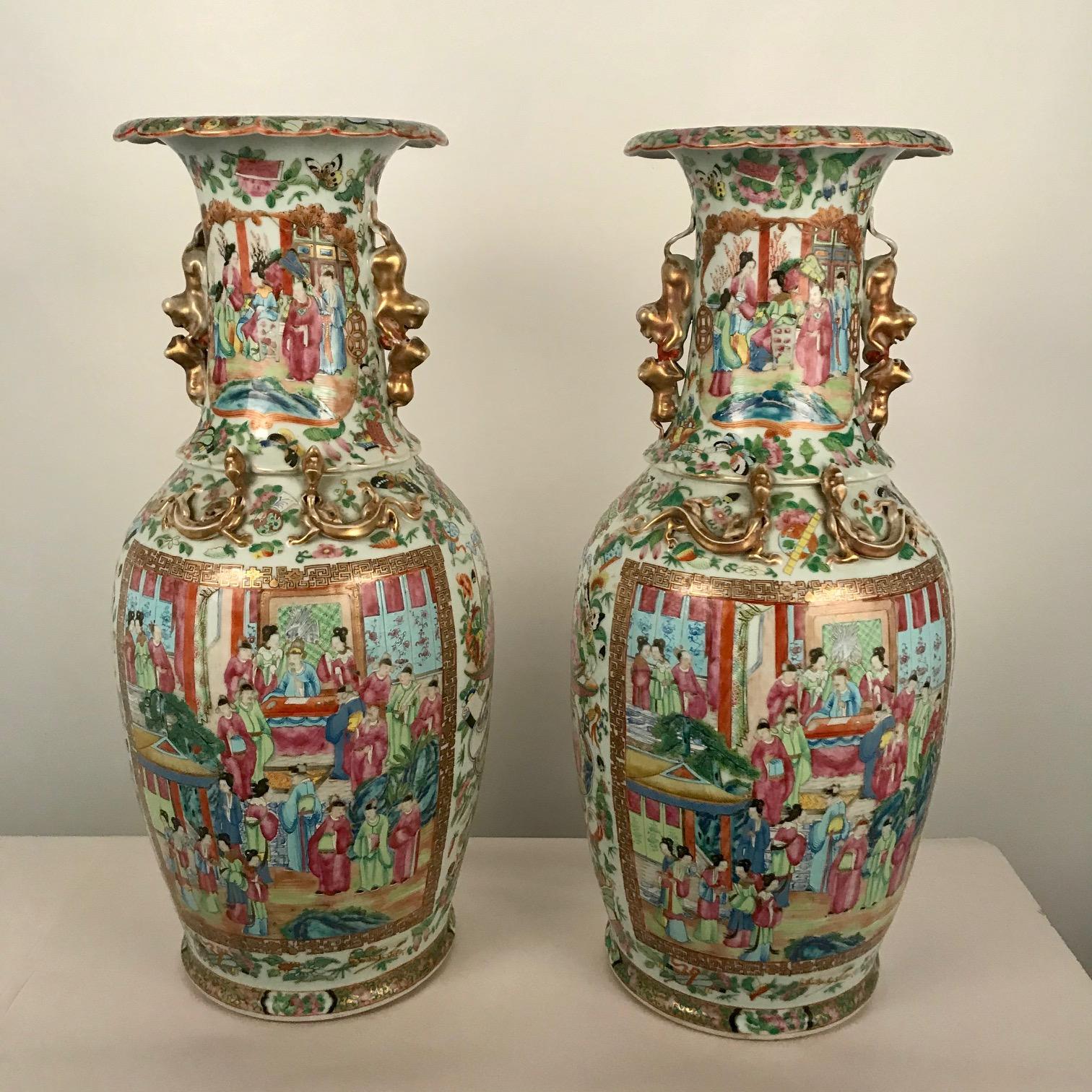 Chinese Export Large Pair of Antique Canton Rose Medallion Baluster Vases