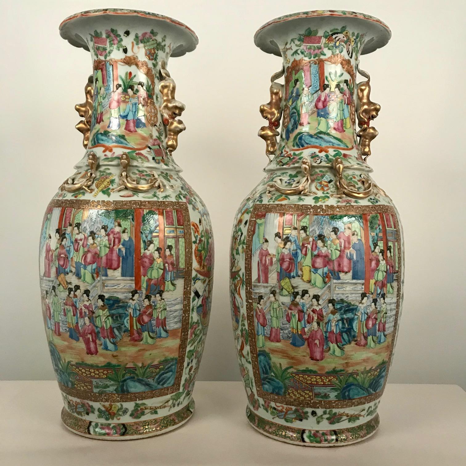 Chinese Large Pair of Antique Canton Rose Medallion Baluster Vases