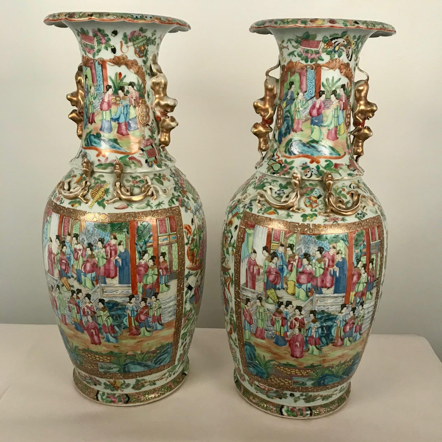 Hand-Painted Large Pair of Antique Canton Rose Medallion Baluster Vases