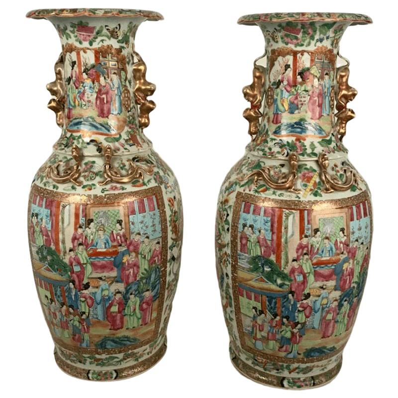 Large Pair of Antique Canton Rose Medallion Baluster Vases