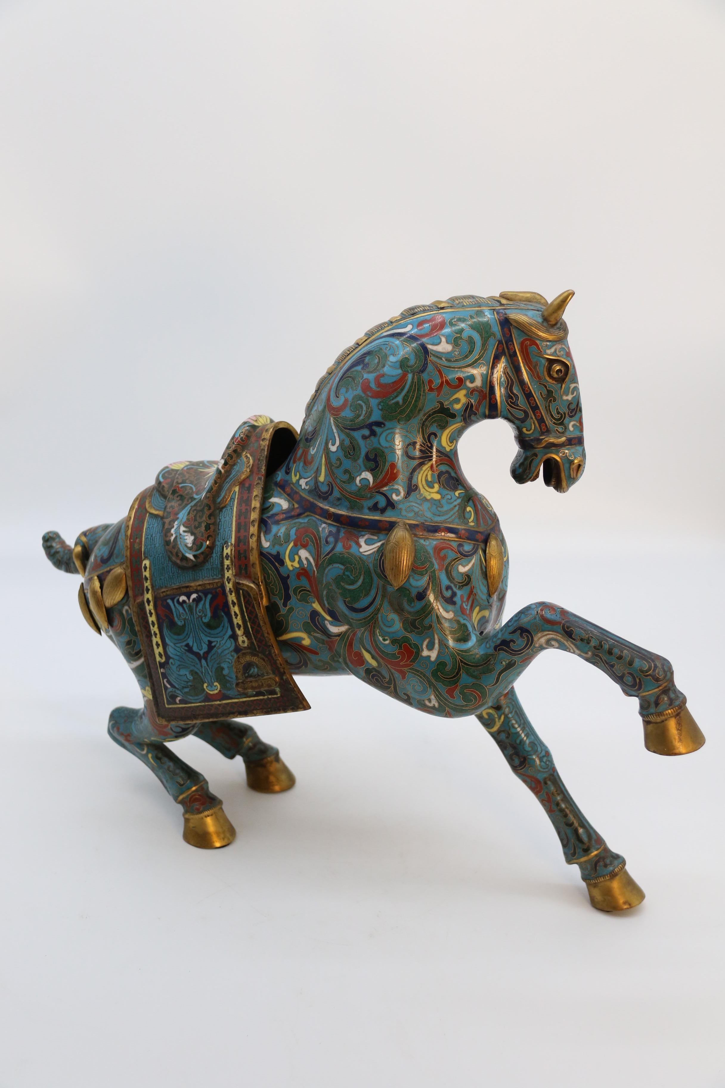 A large pair of antique Chinese archaic style cloisonne horses circa 1910 10