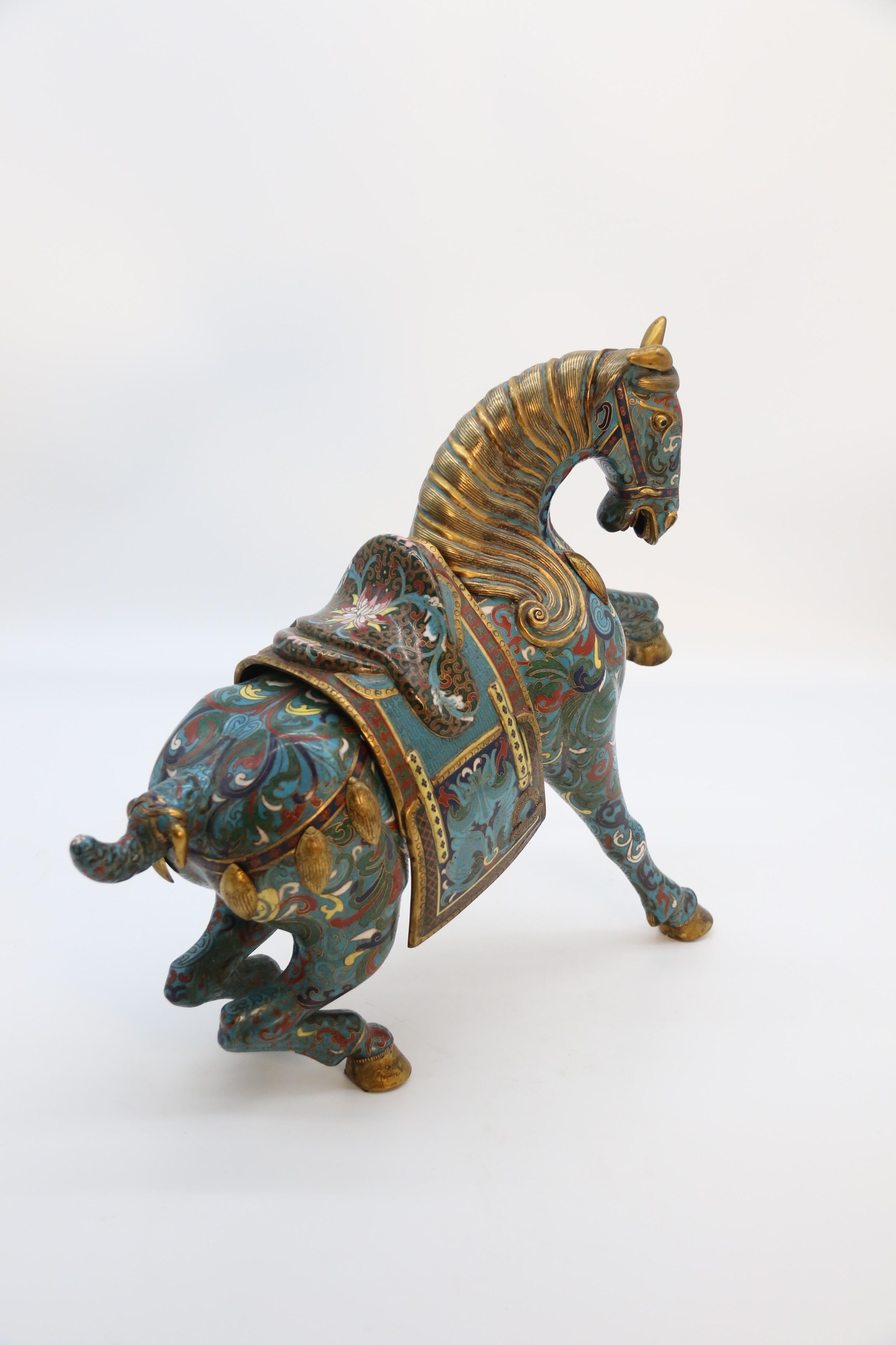 Cloissoné A large pair of antique Chinese archaic style cloisonne horses circa 1910