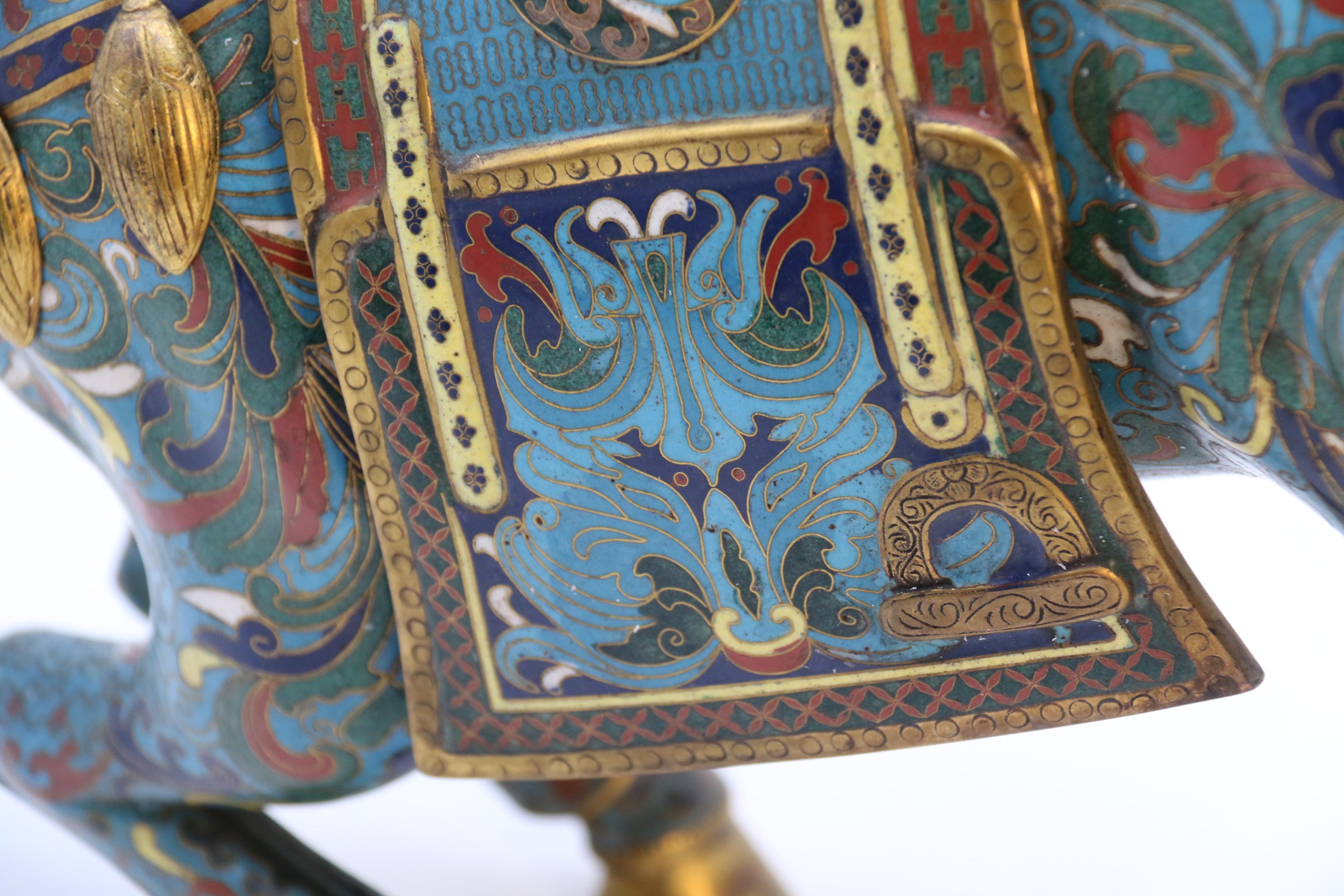 Enamel A large pair of antique Chinese archaic style cloisonne horses circa 1910