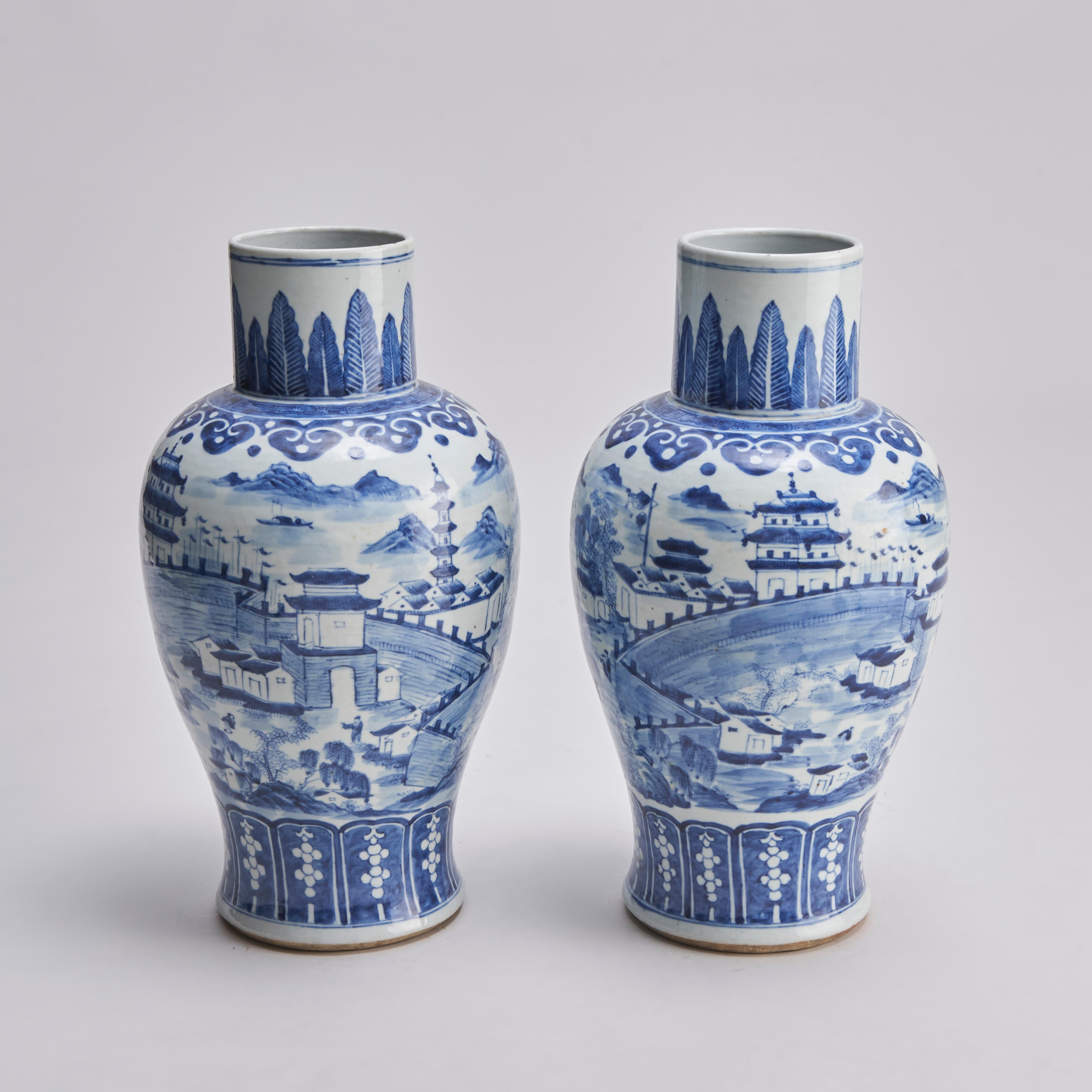 A pair of 19th century Chinese Blue and White vases with wrap-around decoration of a walled Temple complex featuring two large pagodas. The neck with a Ruyi design to the shoulder and a phoenix feather collar above.
Contact us for further