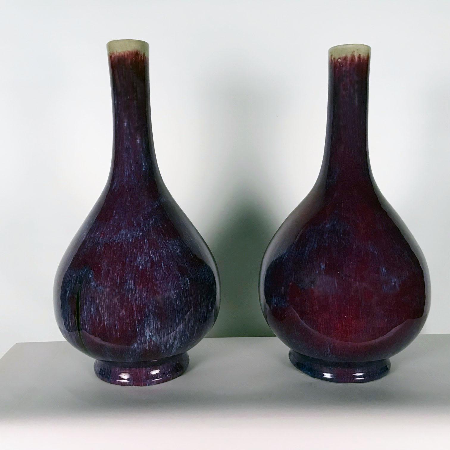 Chinese Export Large Pair of Antique Chinese Sang Boeuf Pear-Shaped Vases