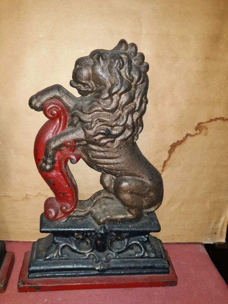 Cold-Painted Large Pair of Antique English Cast Iron Passant Lion Door Stops 
