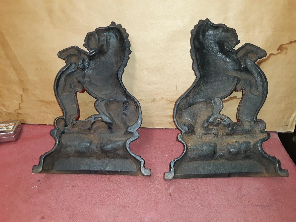 Large Pair of Antique English Cast Iron Passant Lion Door Stops  1