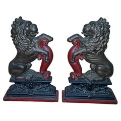 Large Pair of Antique English Cast Iron Passant Lion Door Stops