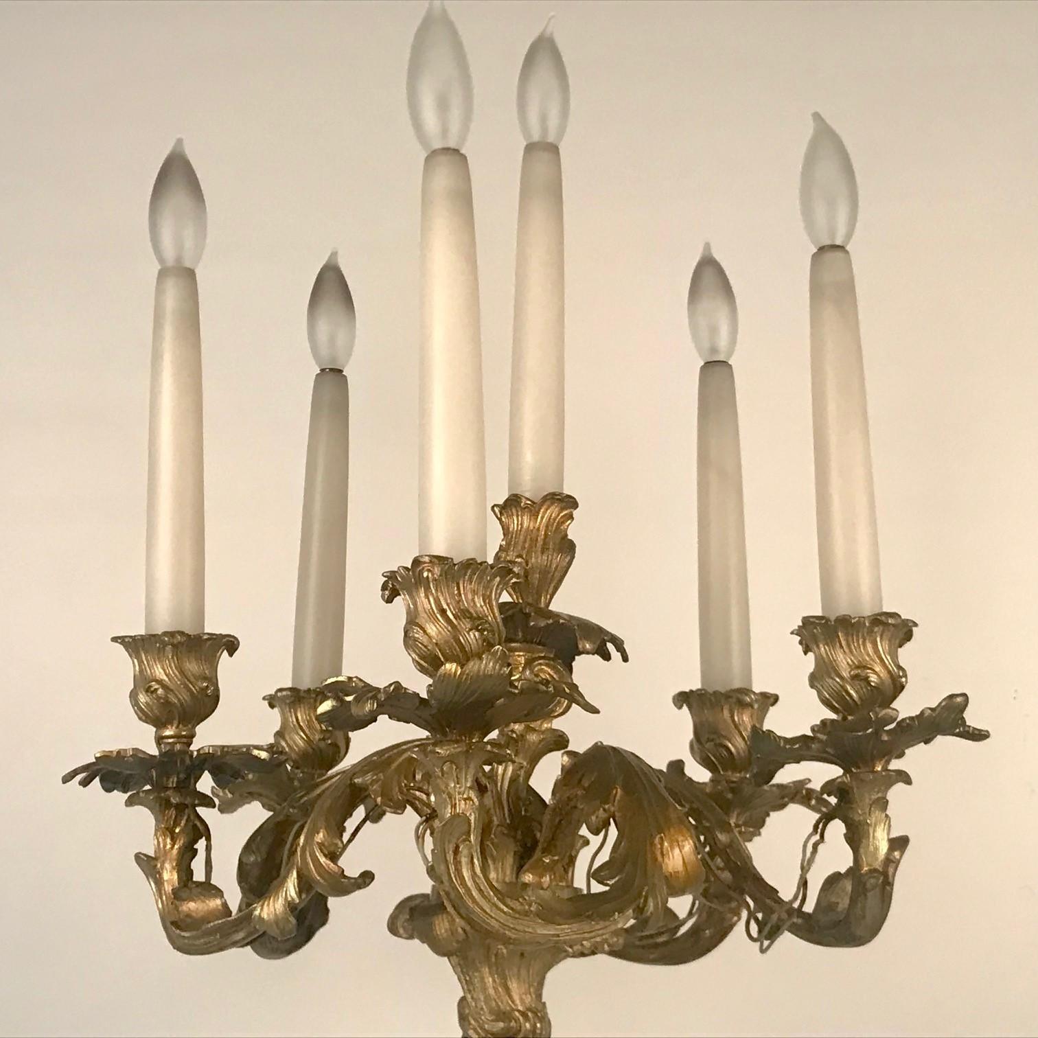 Carved Large Pair of Antique Gilt Bronze French Louis XV Style Candelabra For Sale