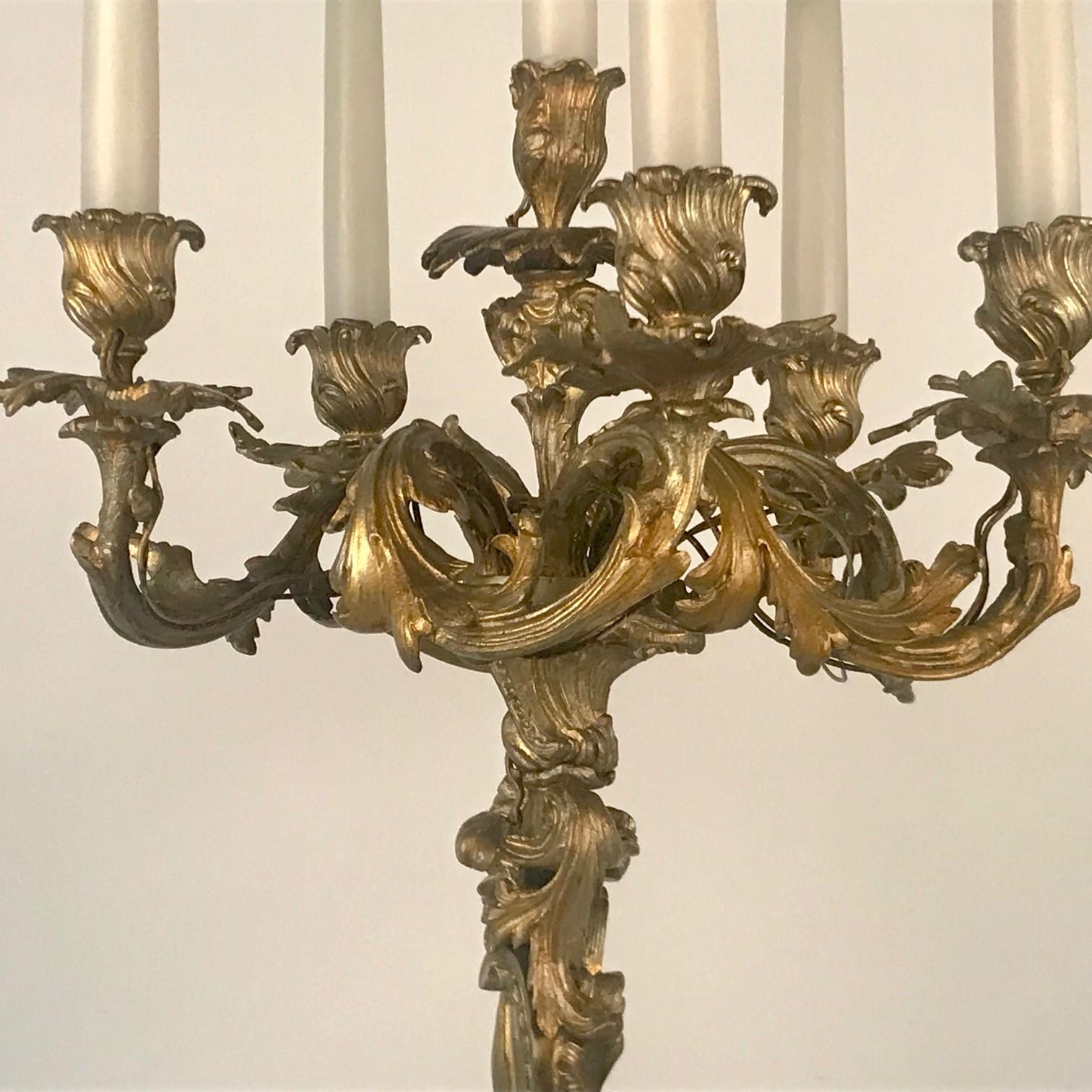 Large Pair of Antique Gilt Bronze French Louis XV Style Candelabra For Sale 3