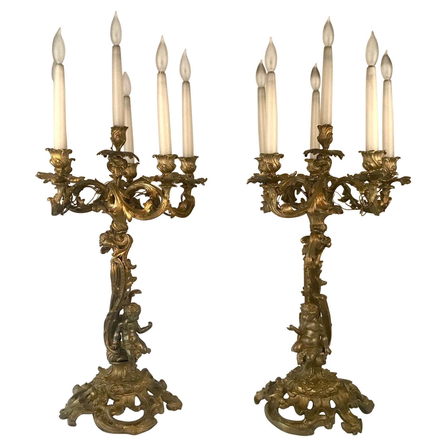 Large Pair of Antique Gilt Bronze French Louis XV Style Candelabra For Sale
