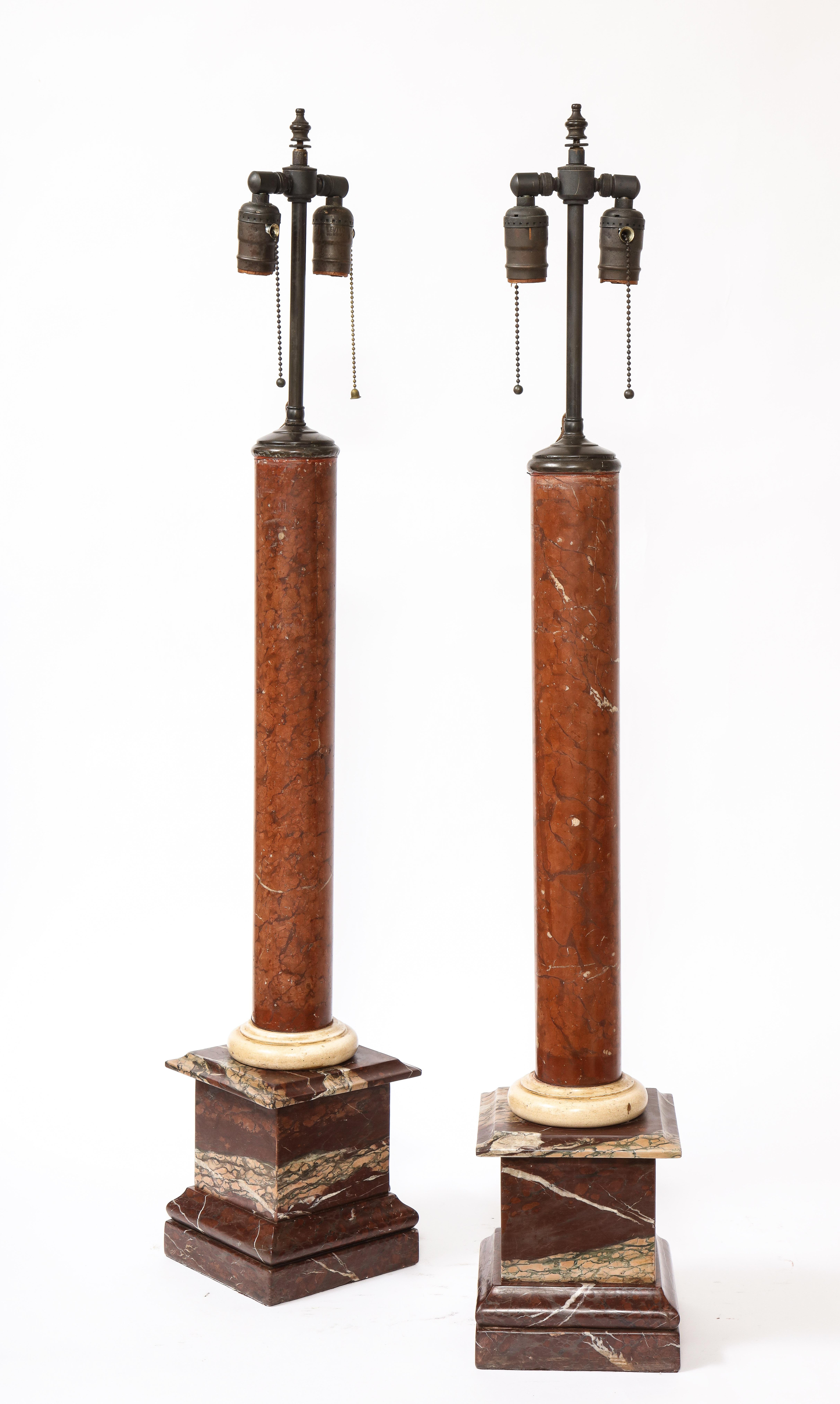 Italian Large Pair of Antique Grand Tour Period Multi-Marble Columns Mounted as Lamps For Sale