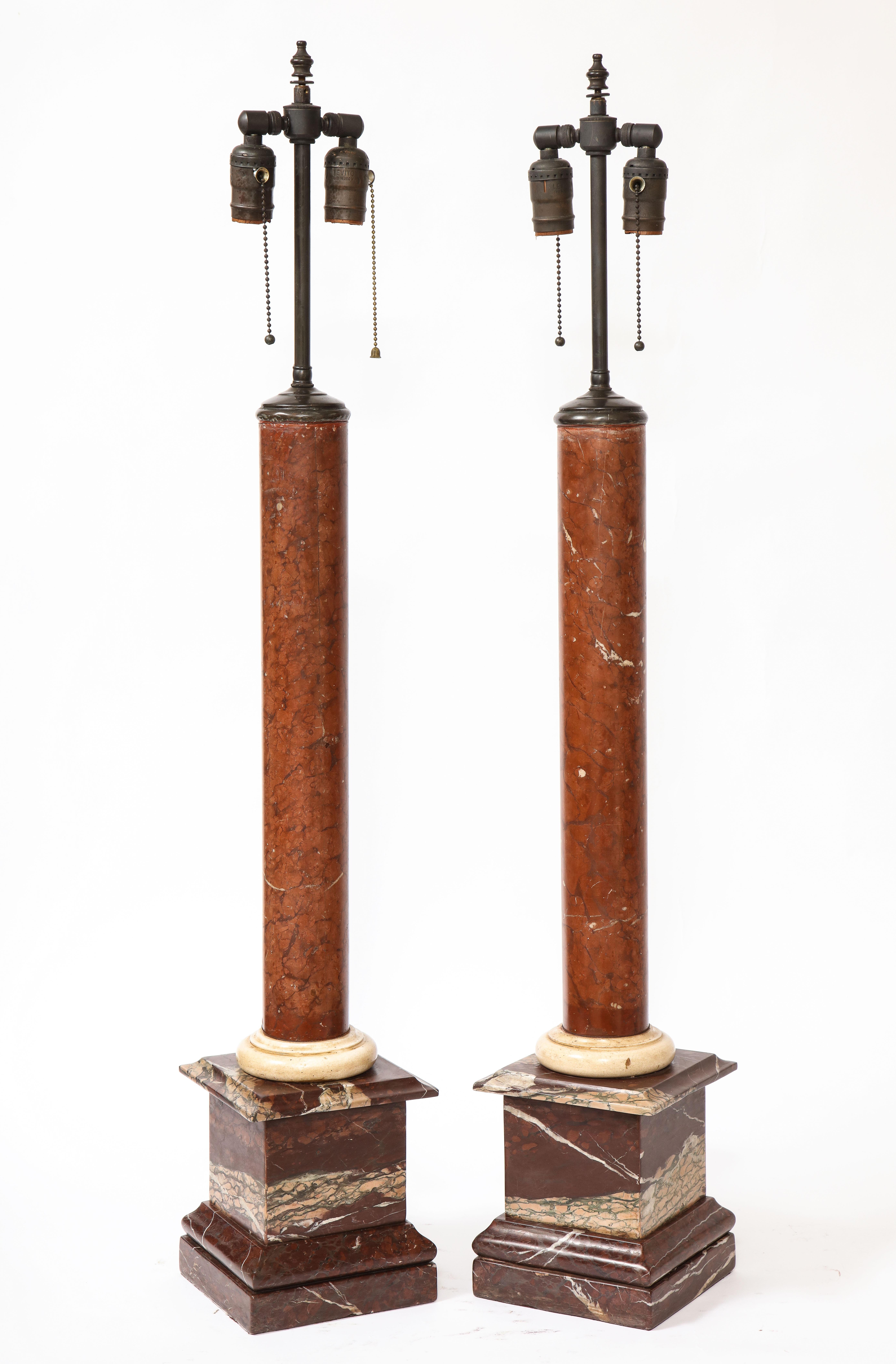 Mid-19th Century Large Pair of Antique Grand Tour Period Multi-Marble Columns Mounted as Lamps For Sale