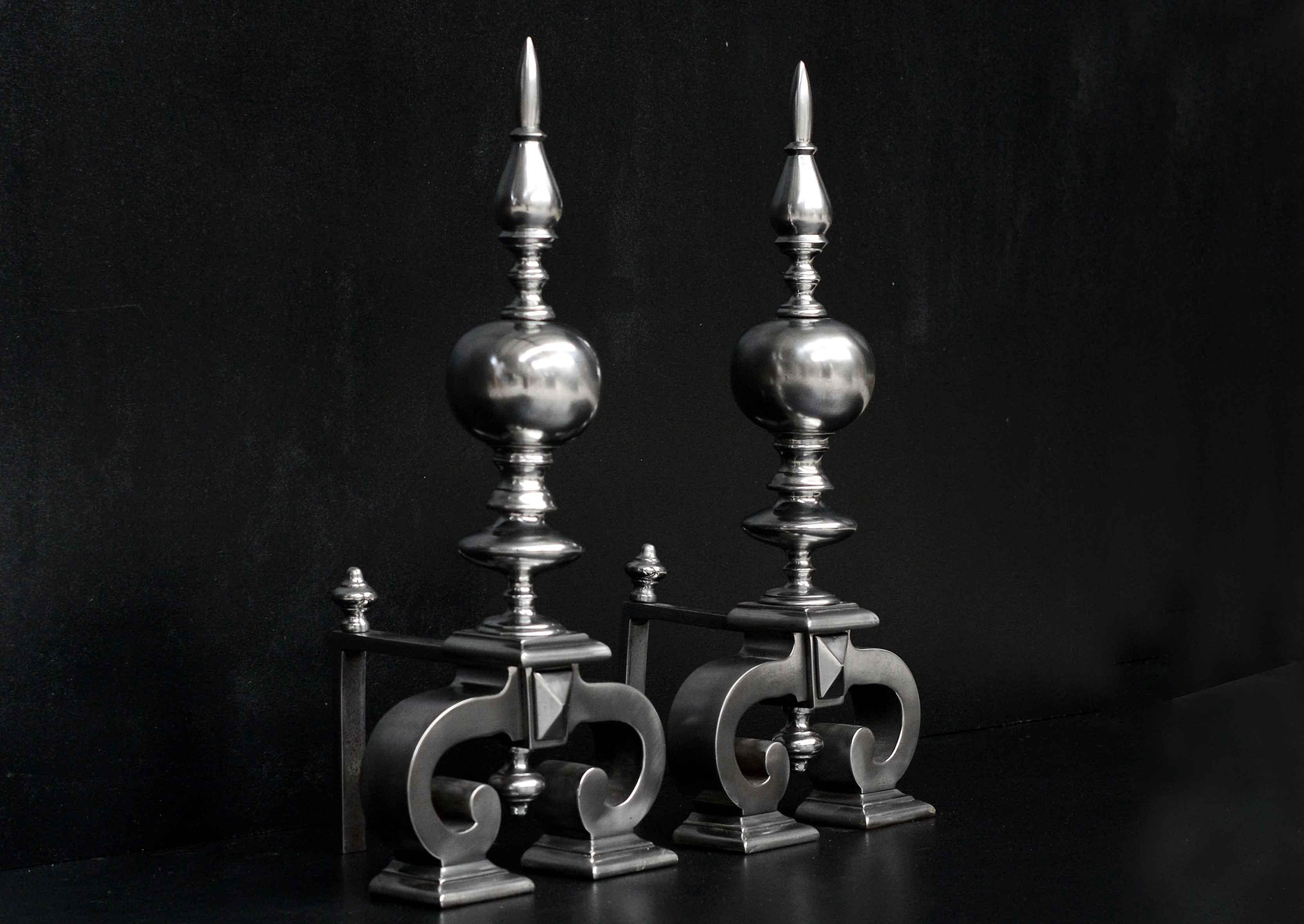 Large Pair of Antique Polished Steel Firedogs In Good Condition For Sale In London, GB