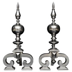 Large Pair of Antique Polished Steel Firedogs
