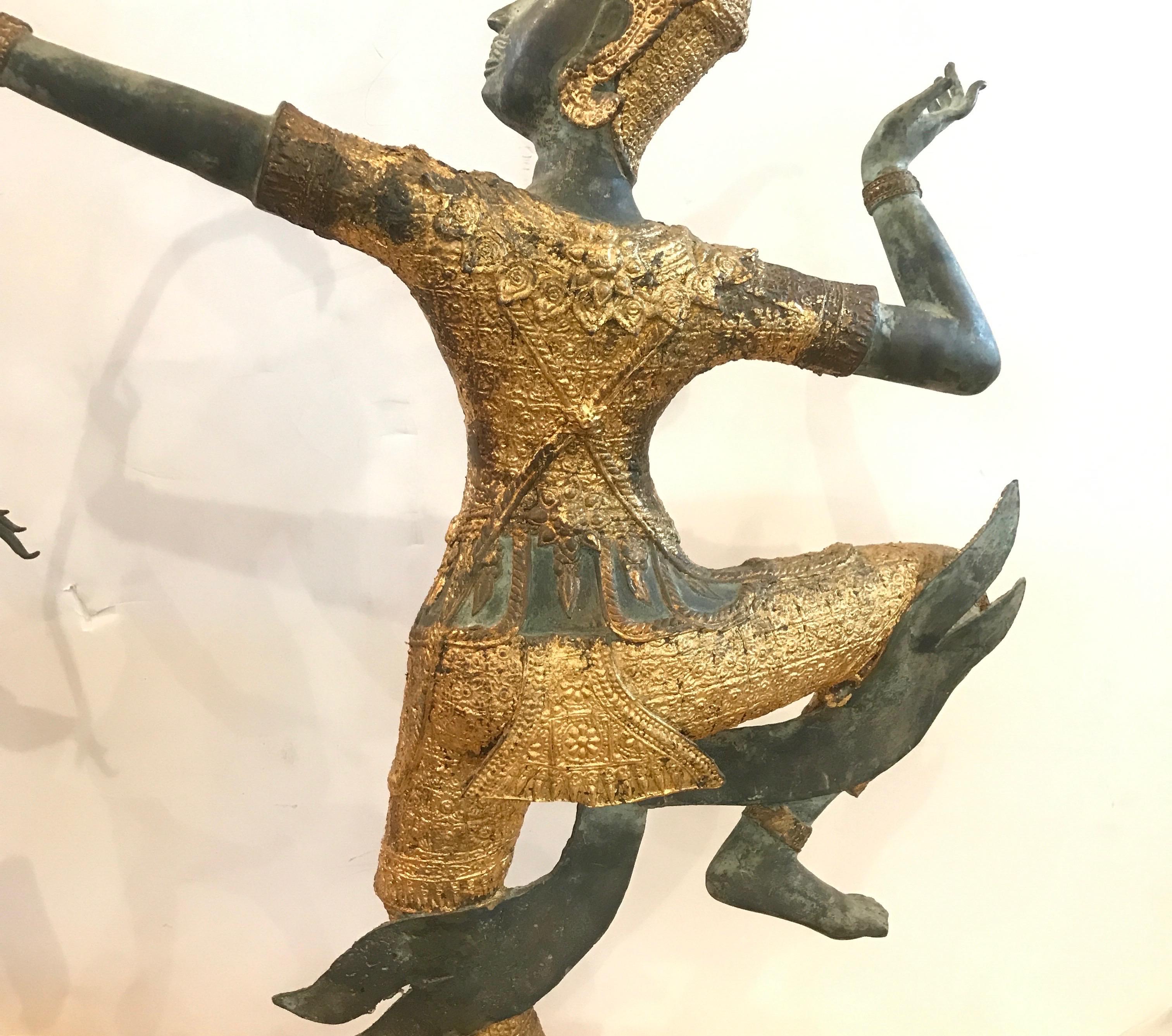 Large Pair of Antique Thai Bronze Sculptures of an Archer and a Dancer 7