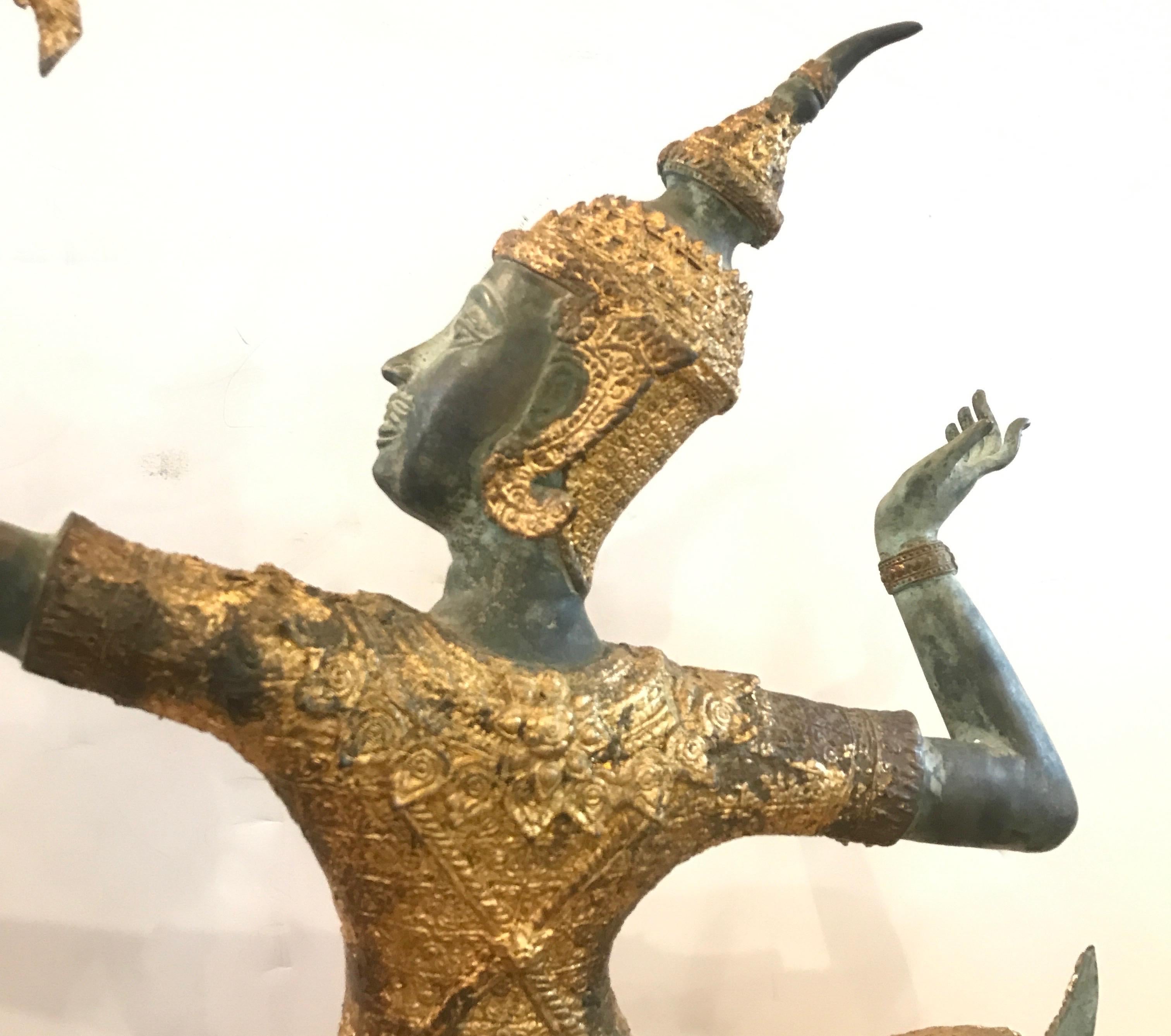 Large Pair of Antique Thai Bronze Sculptures of an Archer and a Dancer 8