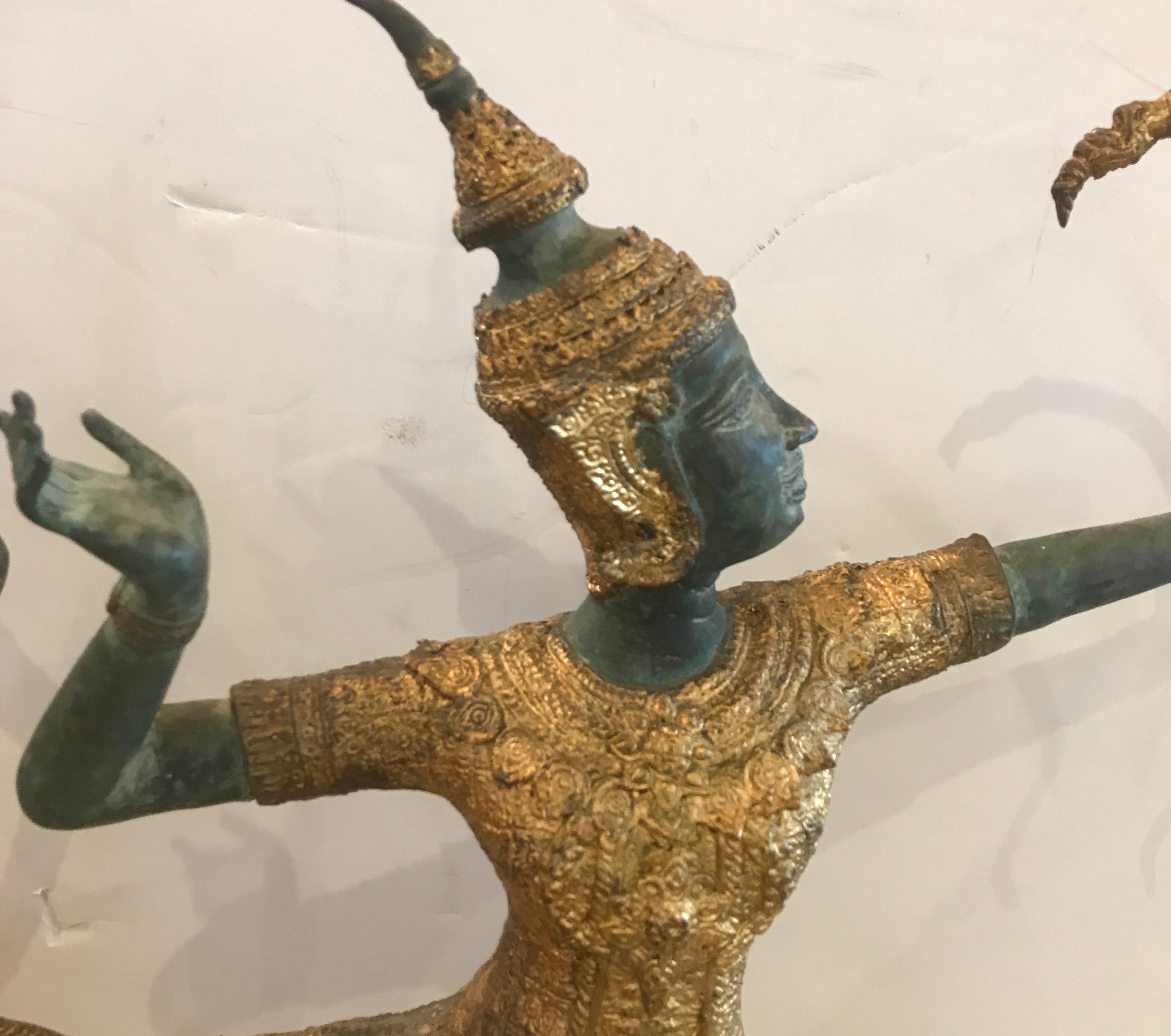 Large Pair of Antique Thai Bronze Sculptures of an Archer and a Dancer 1