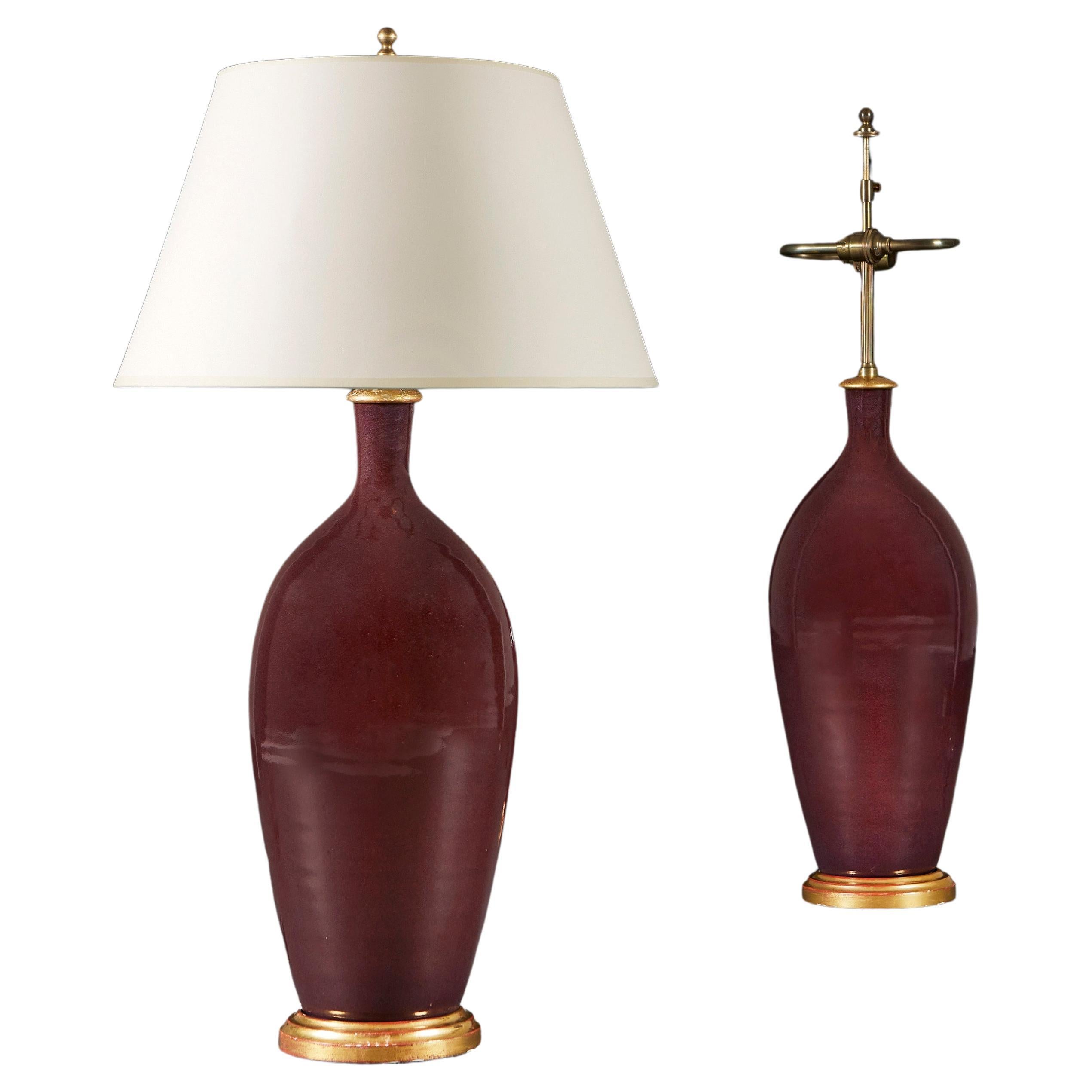 A Large Pair of Aubergine Purple Flambe Lamps, the vases by Rupert Spira For Sale