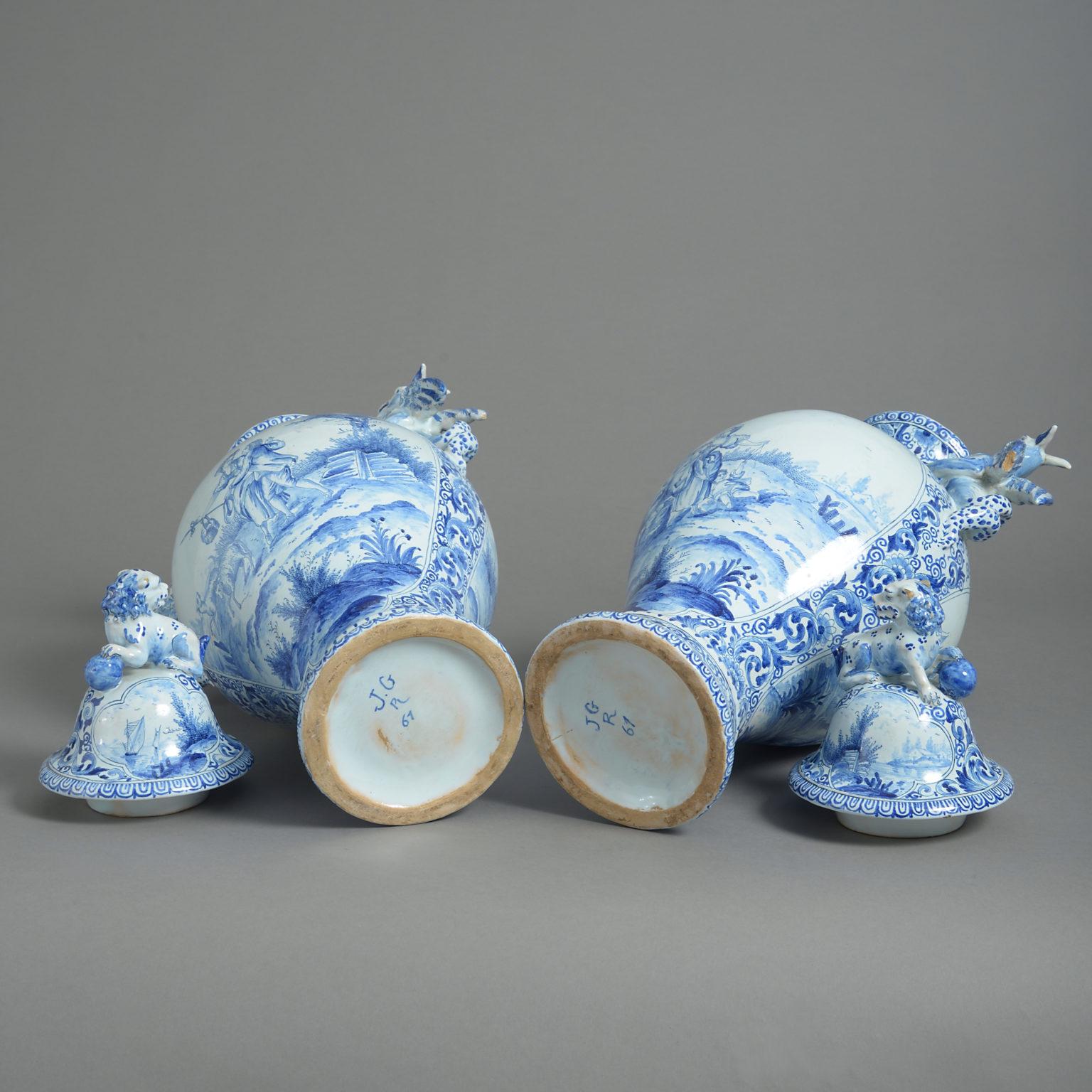 20th Century Large Pair of Blue & White Delft Pottery Vases and Covers