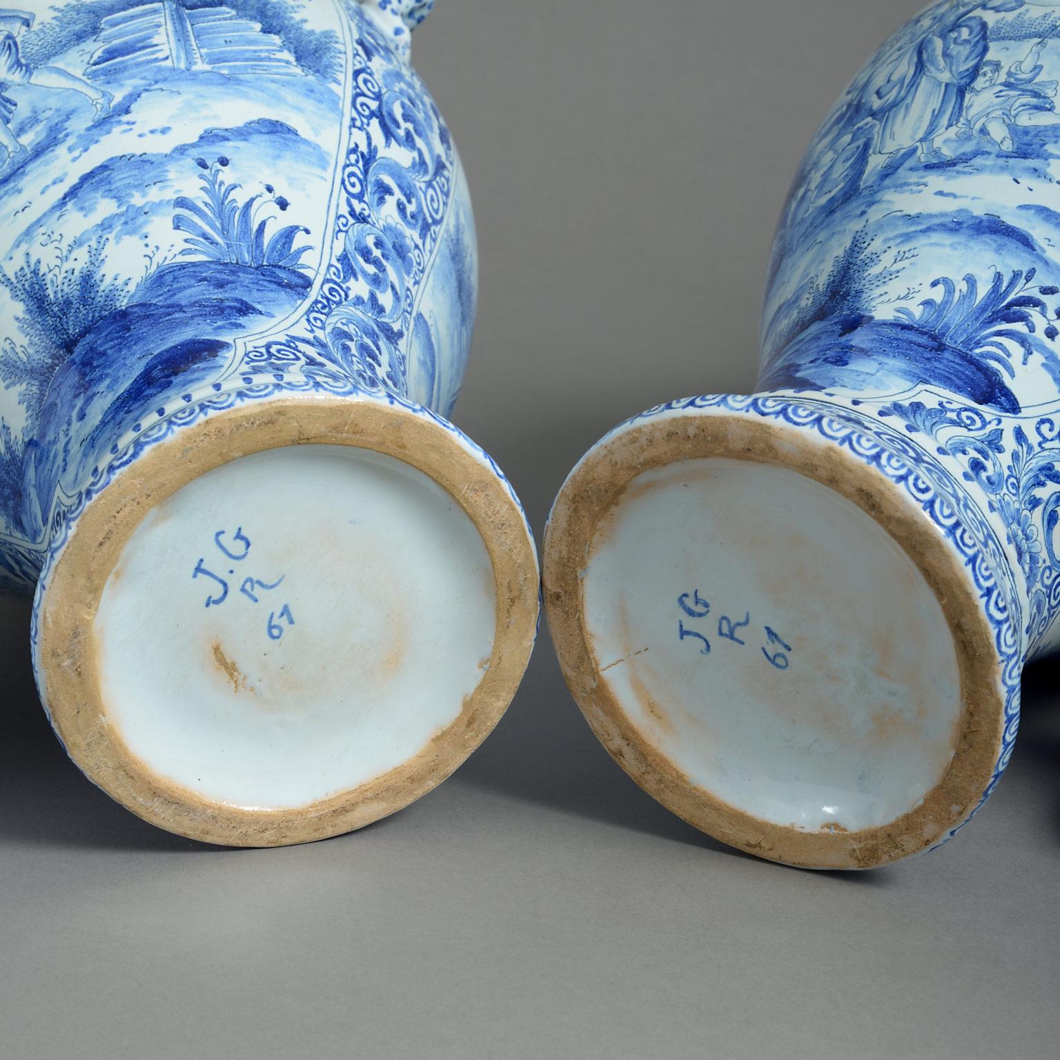 Large Pair of Blue & White Delft Pottery Vases and Covers 1