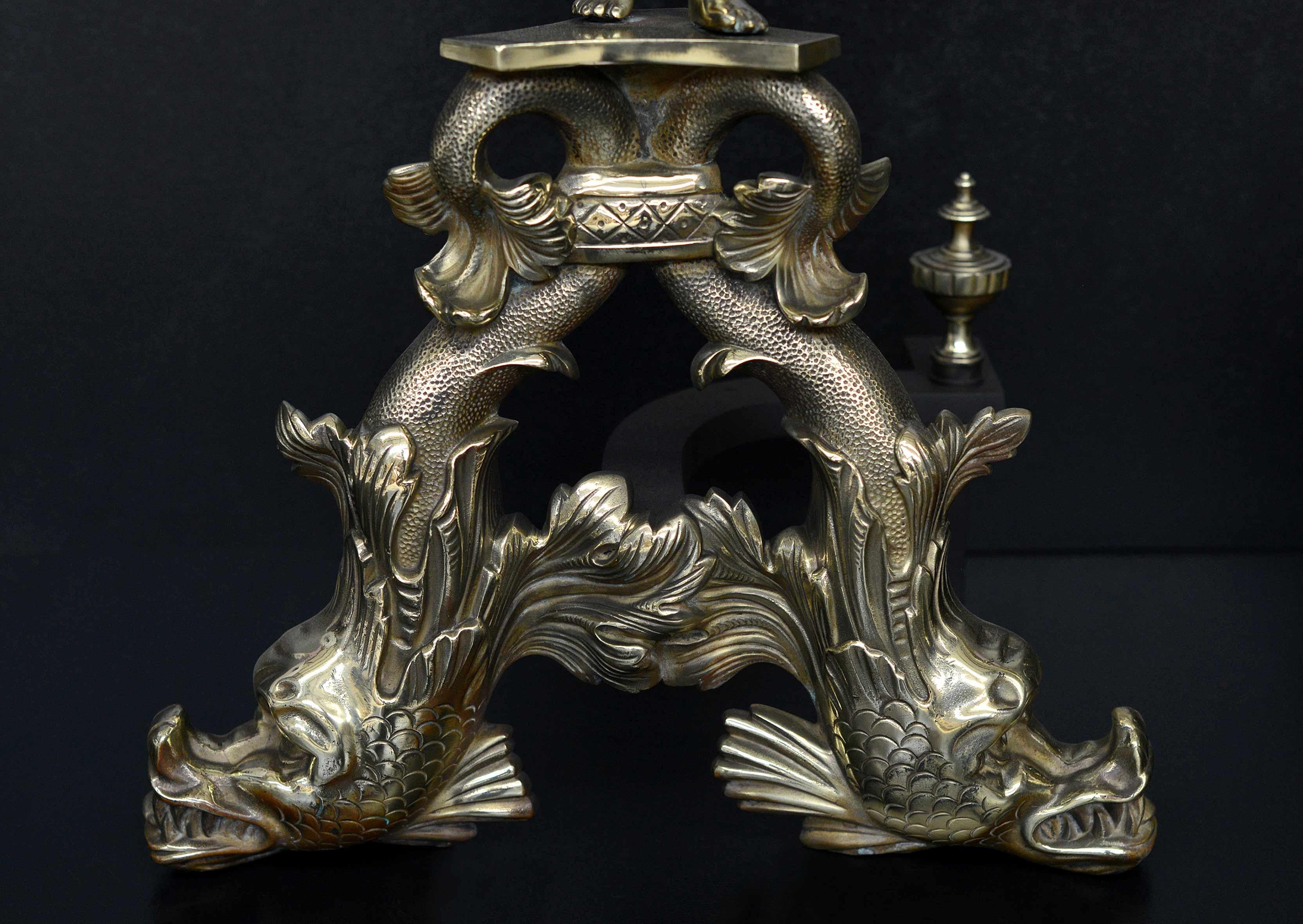 English Large Pair of Brass Firedogs with Cherubs For Sale