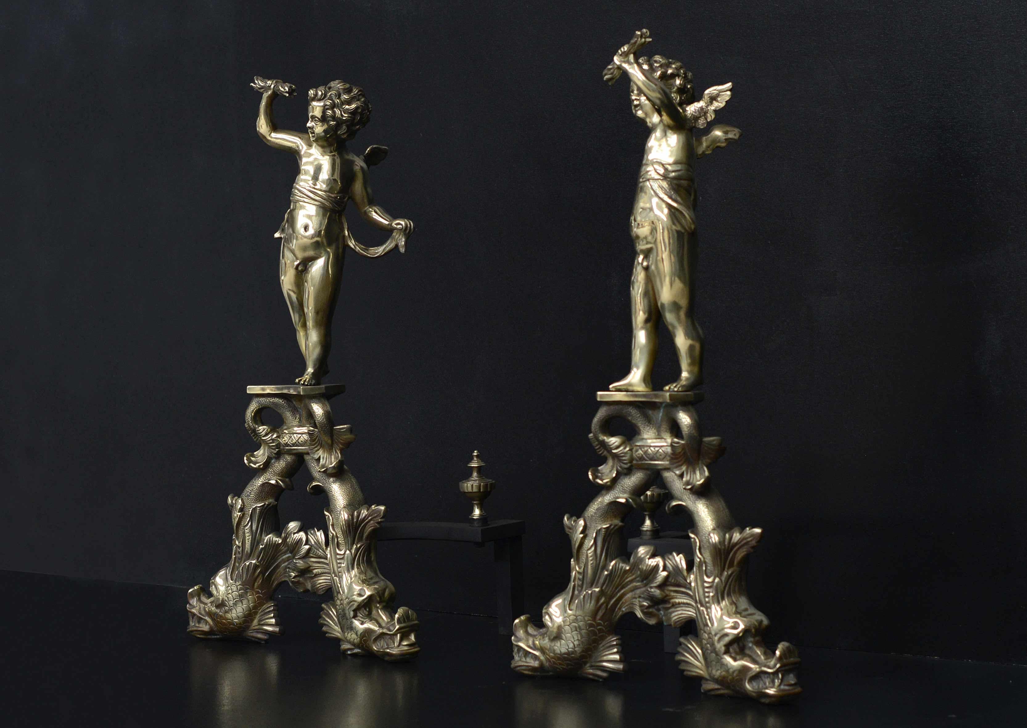 19th Century Large Pair of Brass Firedogs with Cherubs For Sale