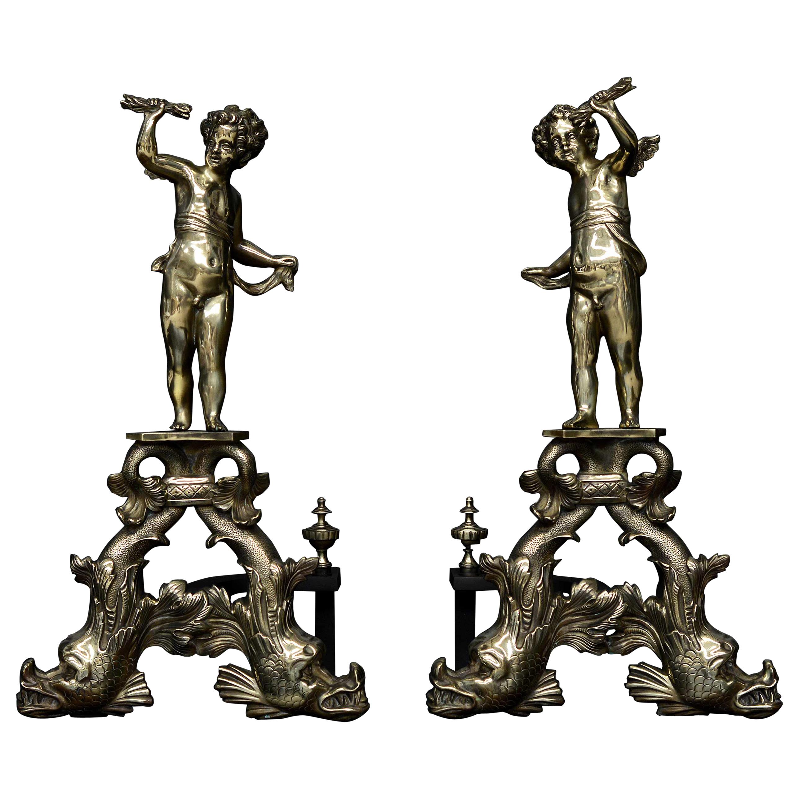 Large Pair of Brass Firedogs with Cherubs