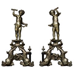Large Pair of Brass Firedogs with Cherubs