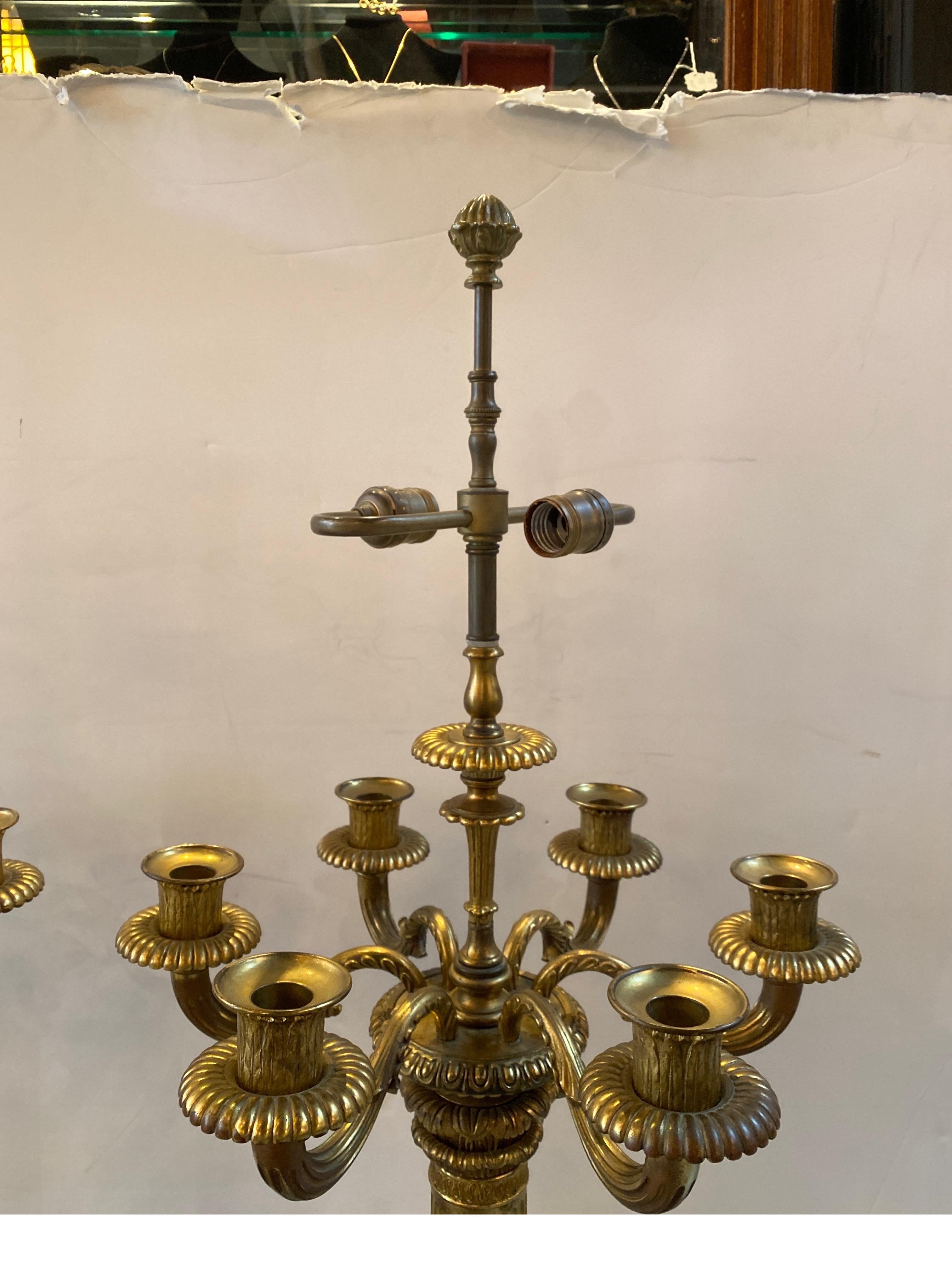 Large Pair of Bronze Candelabra Now as Lamps 19th Century In Good Condition In Lambertville, NJ