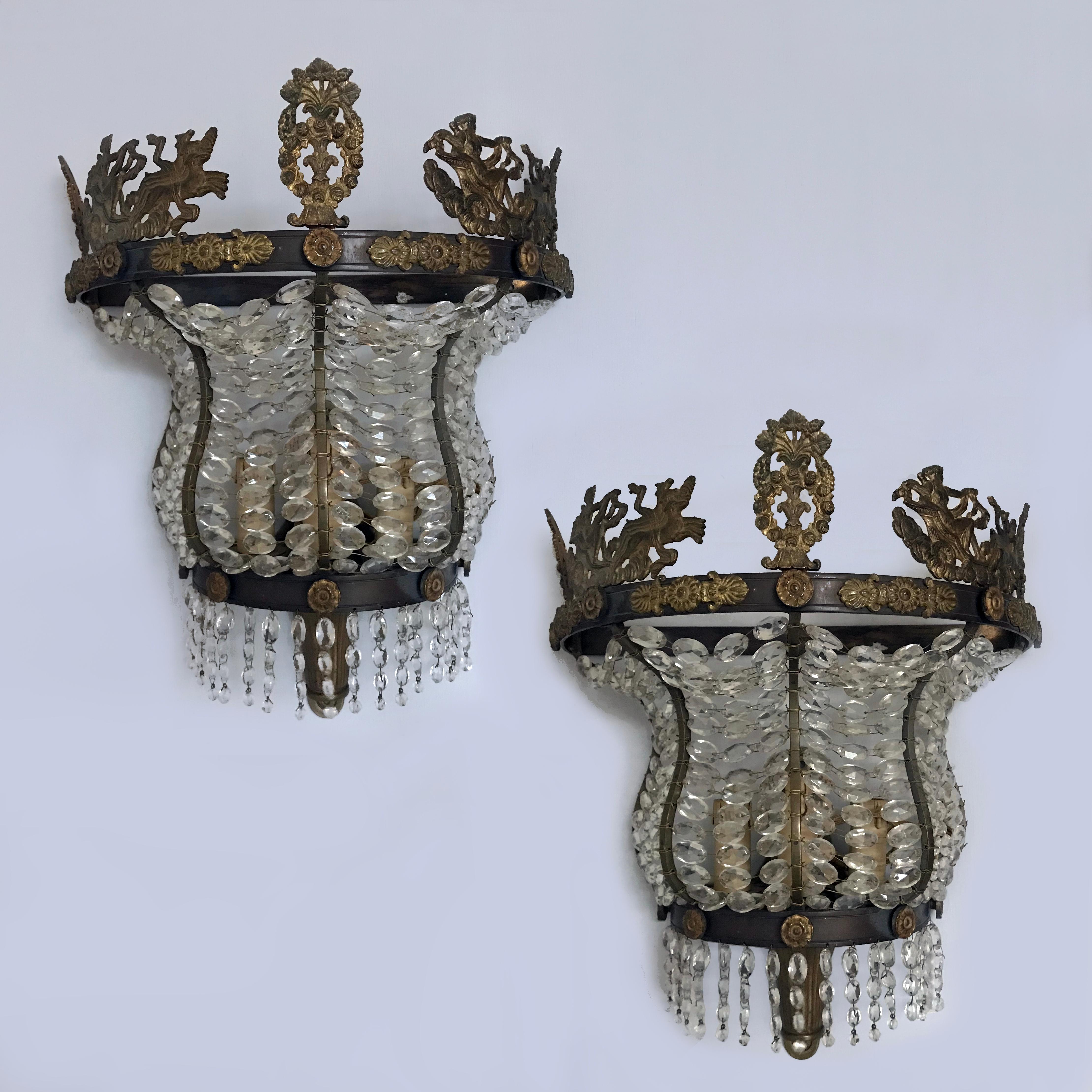 Large Pair of Bronze & Cut Glass Wall Lights For Sale 2