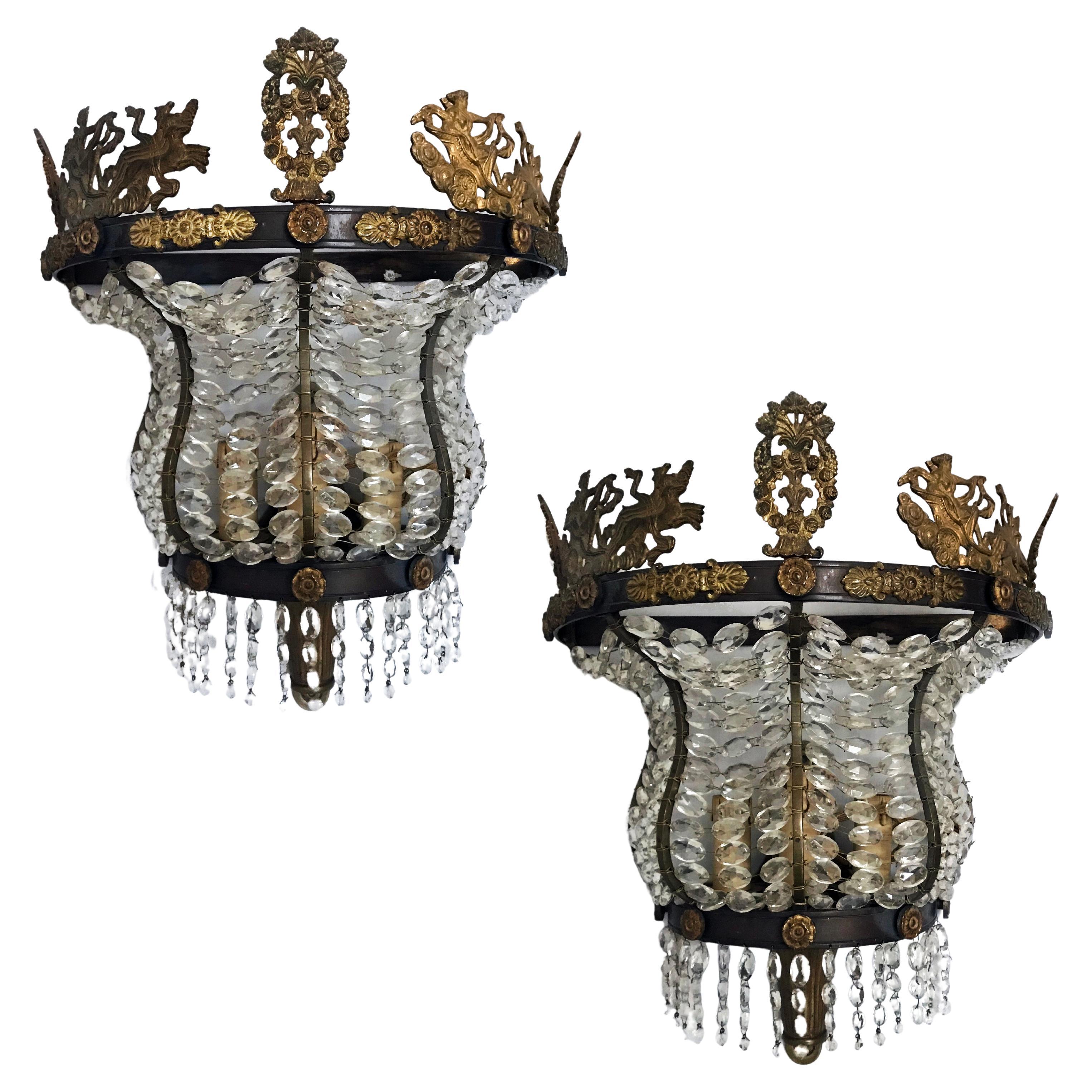 Large Pair of Bronze & Cut Glass Wall Lights For Sale