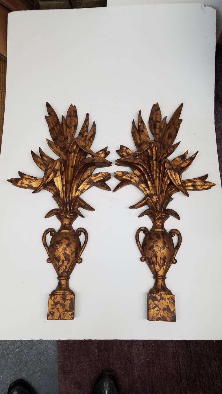 Large Pair of Burnished Gold Finish Neoclassical Urn Form Wall