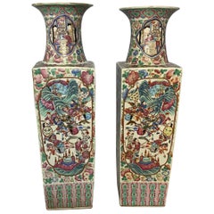 Large Pair of 'Canton Famille Rose' Vases