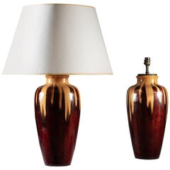 Large Pair of Caramel Cream Brown Drip Glaze Art Pottery Lamps as Table Lamps