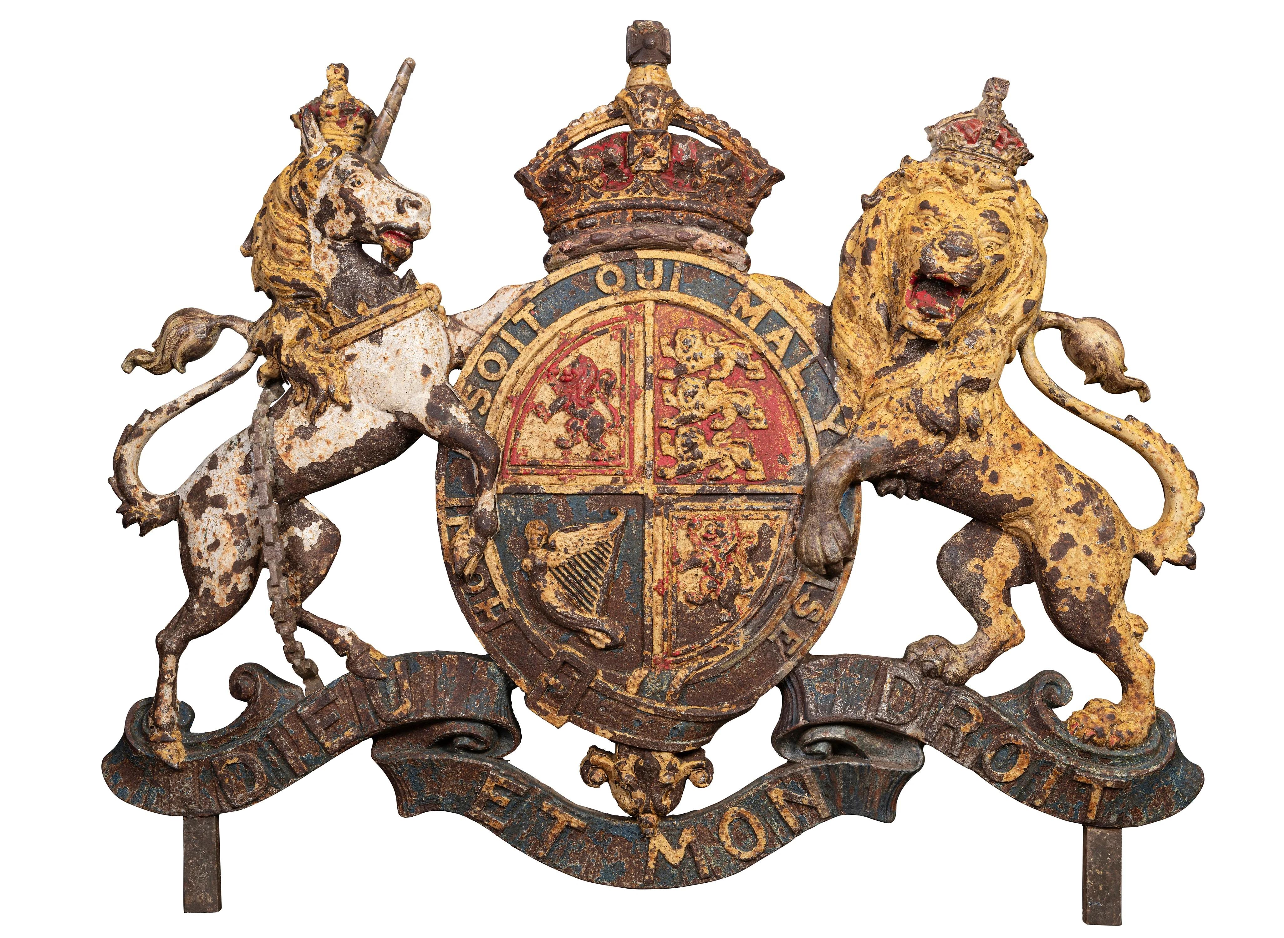 A Large Pair of Cast Iron Royal Coat of Arms, 19th Century

Provenance: Important Private Melbourne Collection.

Description:
Each coat of arms rendered with polychrome application, featuring the Scottish variant of the Royal coat of arms of the