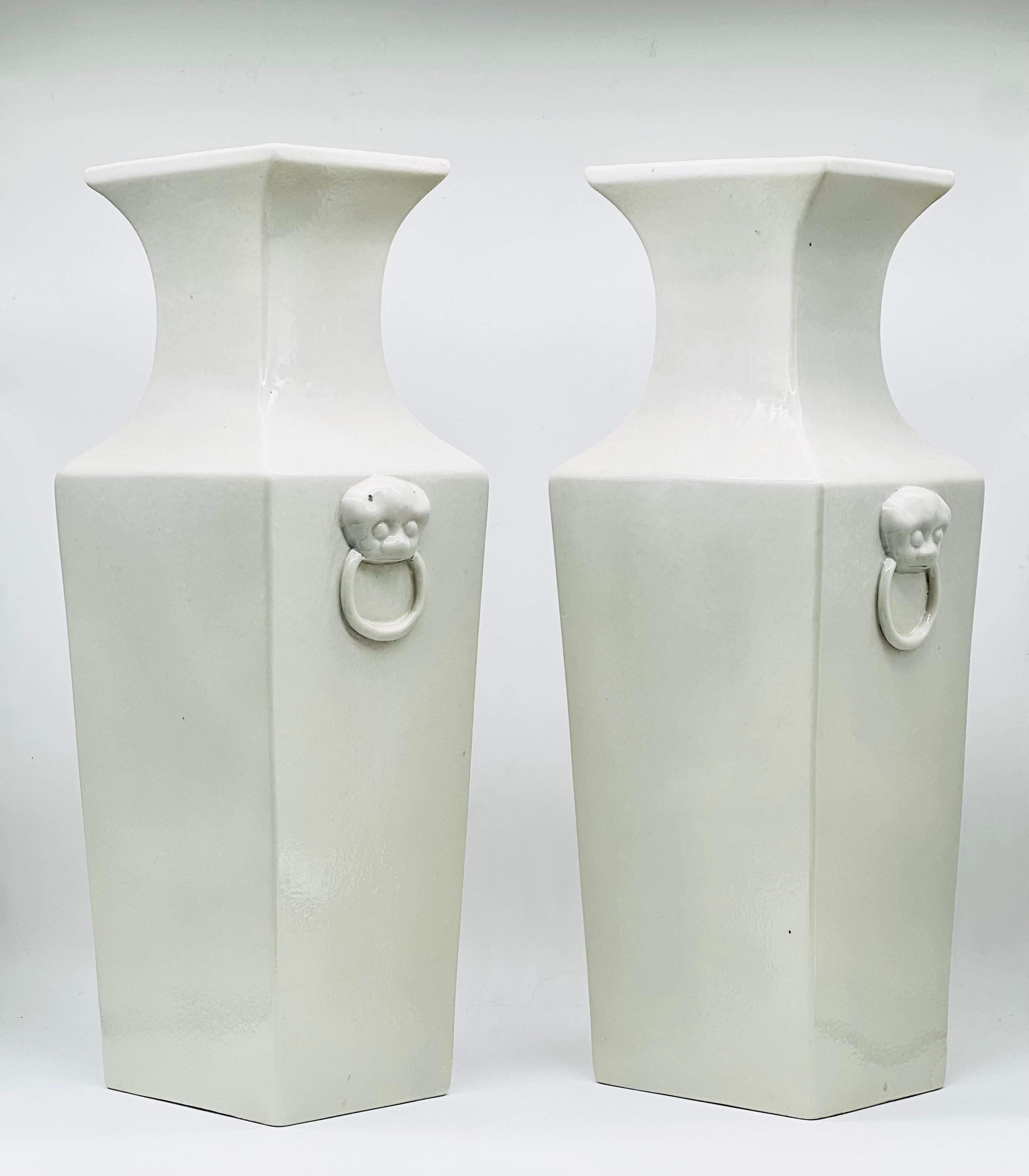 Ceramic Large Pair of Chinese Blanc De Chine Vases, Republic Period, Early 20th C For Sale