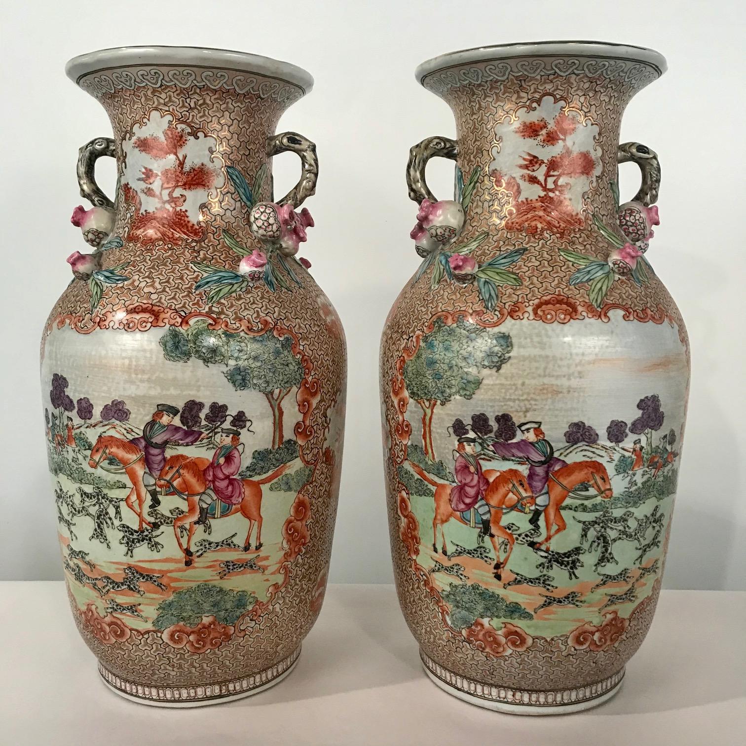 Porcelain Large Pair of Chinese Export Vases in the Rockefeller Palette For Sale