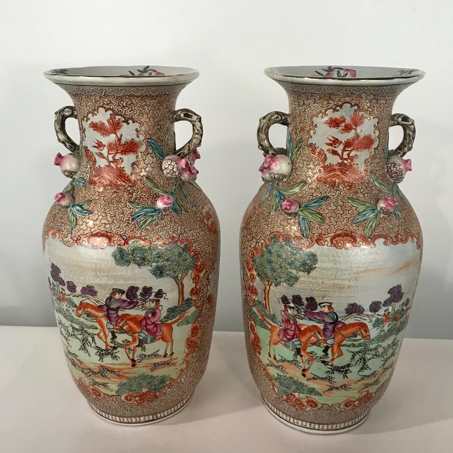 Large Pair of Chinese Export Vases in the Rockefeller Palette For Sale 1
