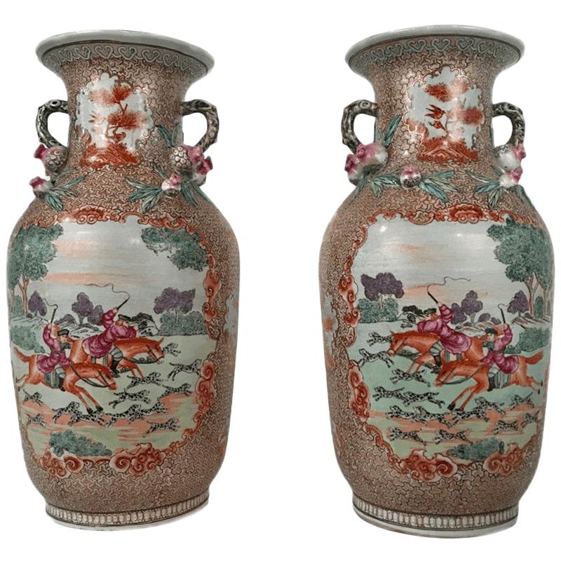 Large Pair of Chinese Export Vases in the Rockefeller Palette For Sale