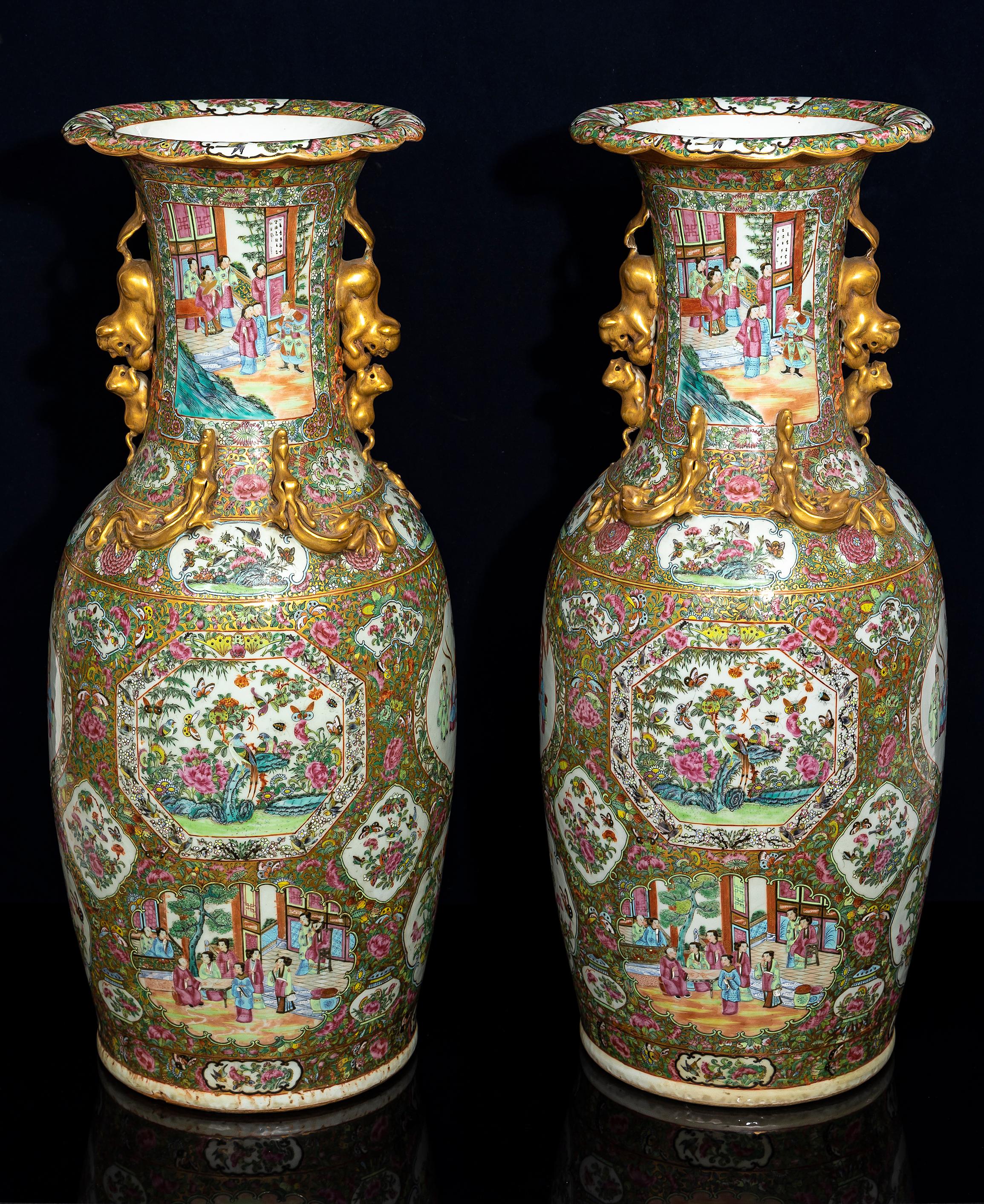 Qing A Large Pair of Chinese Famille Rose Decorated Gilt Foo Dog Handle Vases For Sale