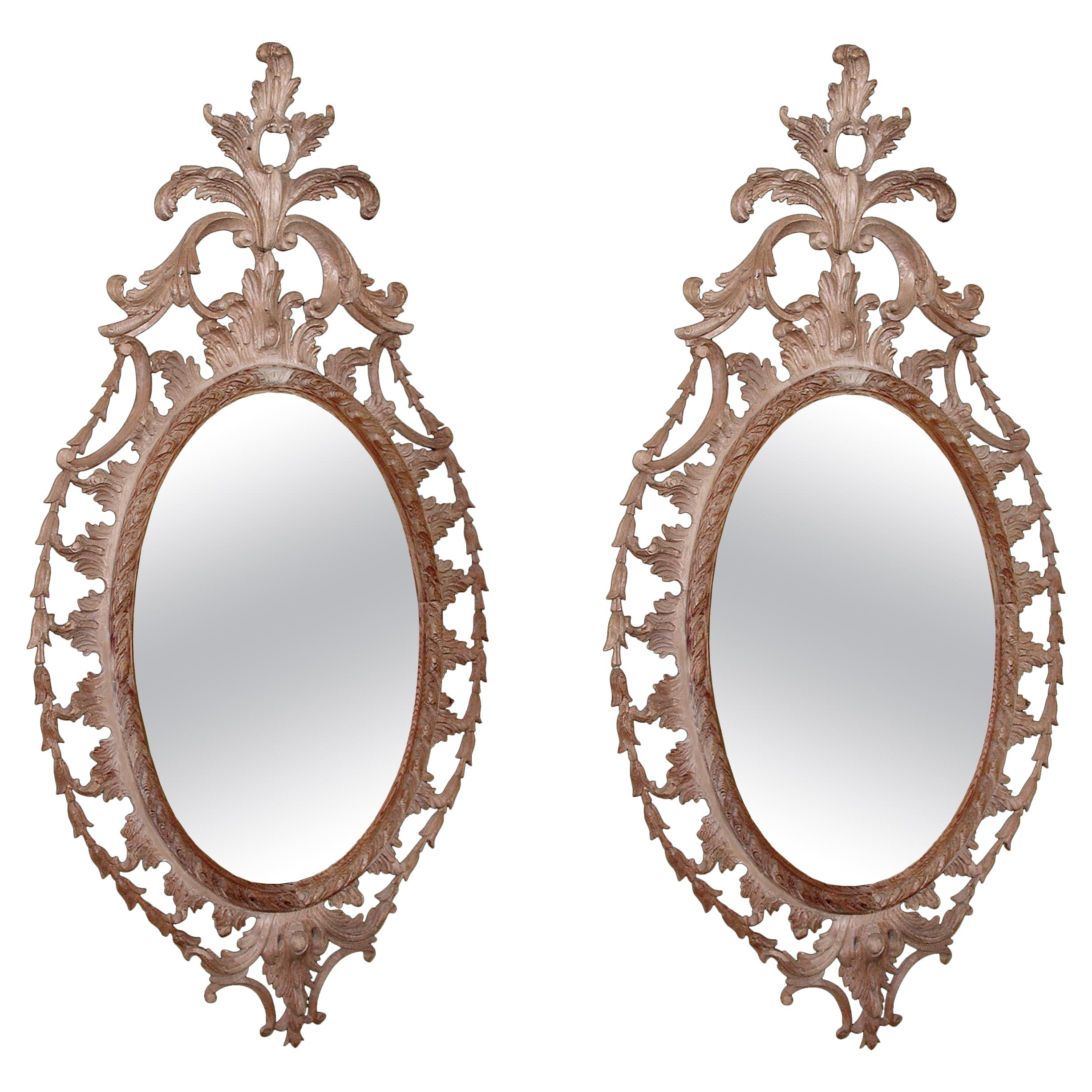 Large Pair of Chippendale Style Carved Pine Oval Mirrors