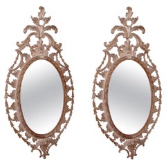 Vintage Large Pair of Chippendale Style Carved Pine Oval Mirrors