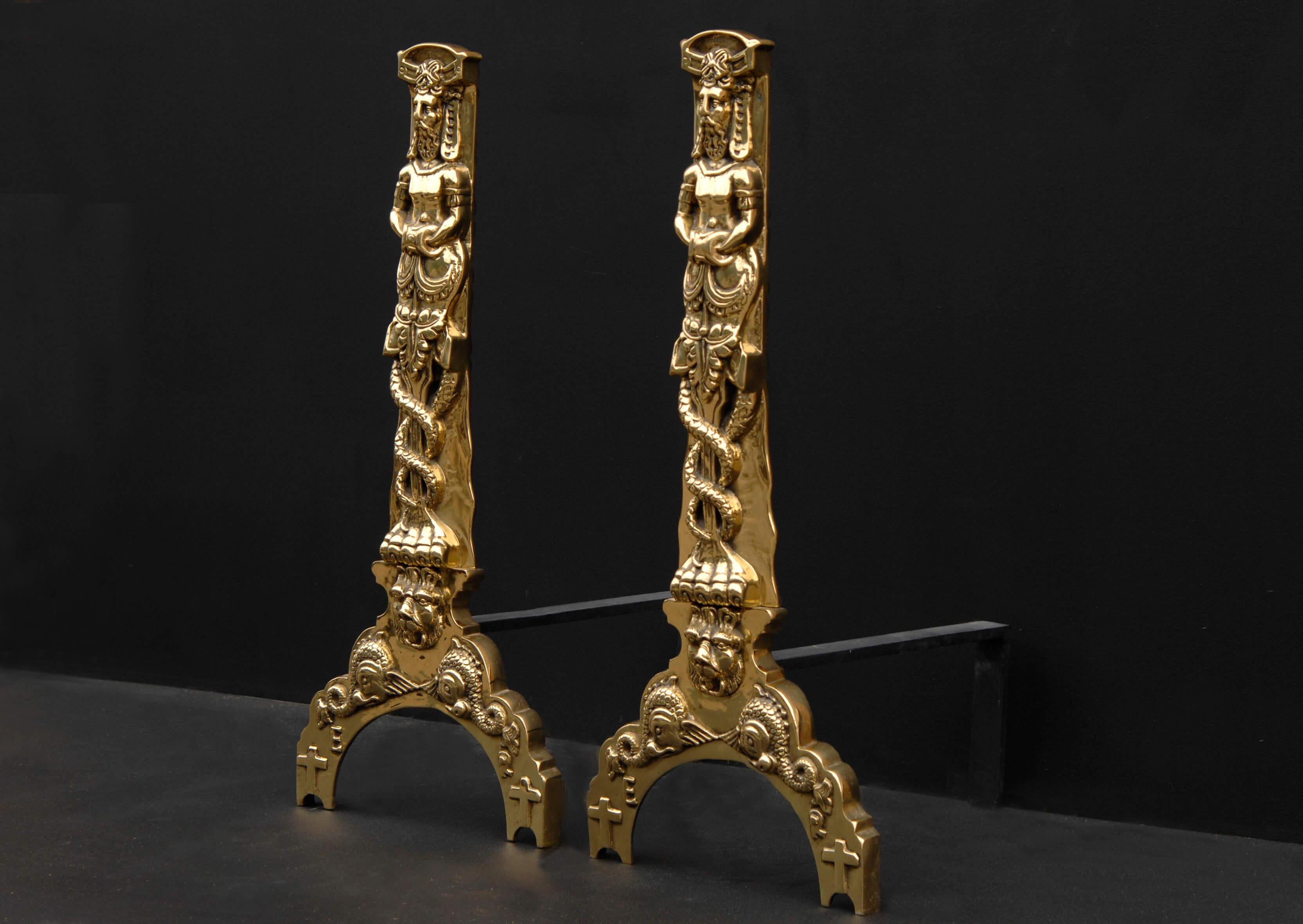 Brass Large Pair of Decorative Firedogs in the 17th Century Style
