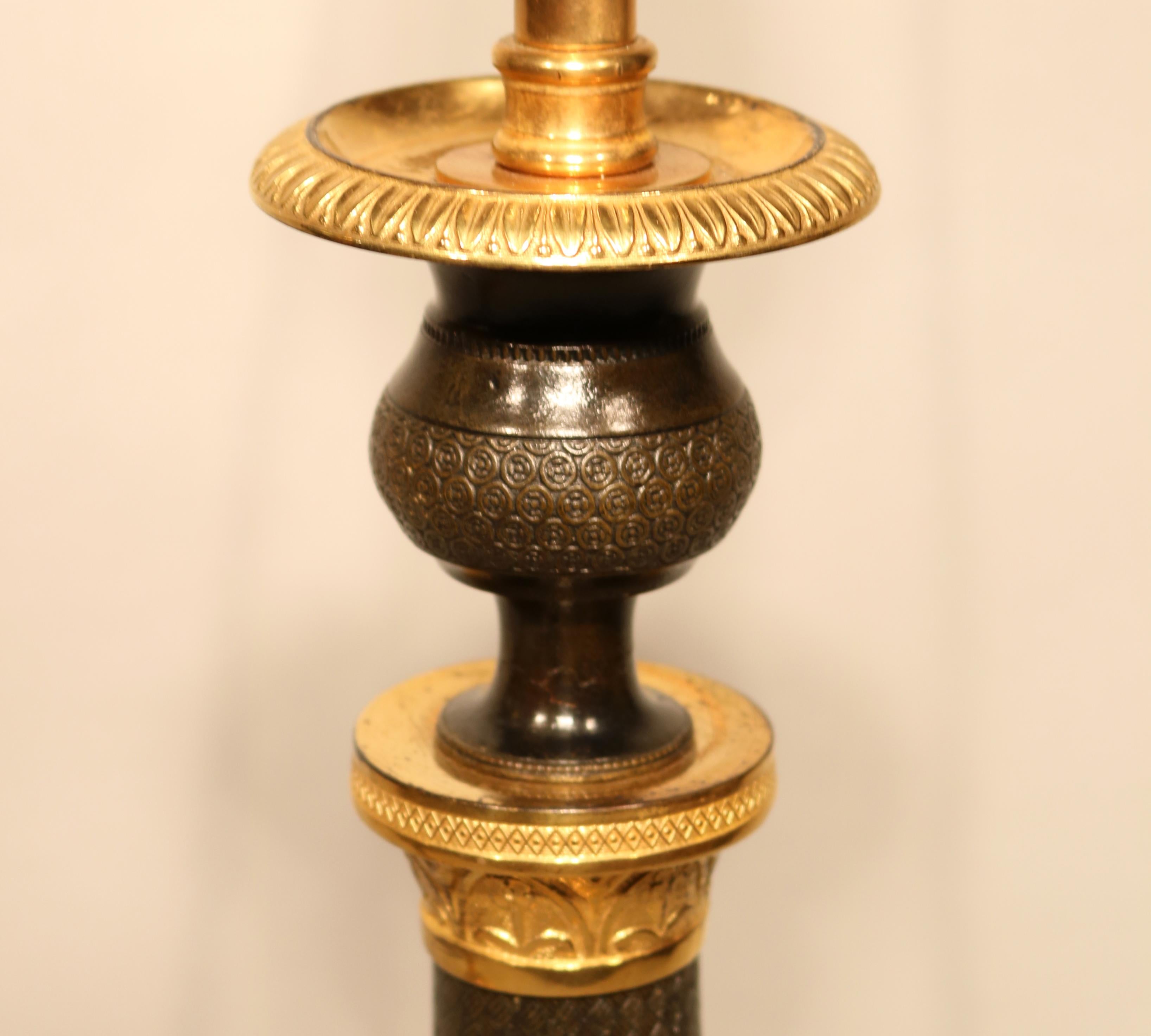 English Large Pair of Early 19th Century Candlesticks Having Engine-Turned Urn-Shaped